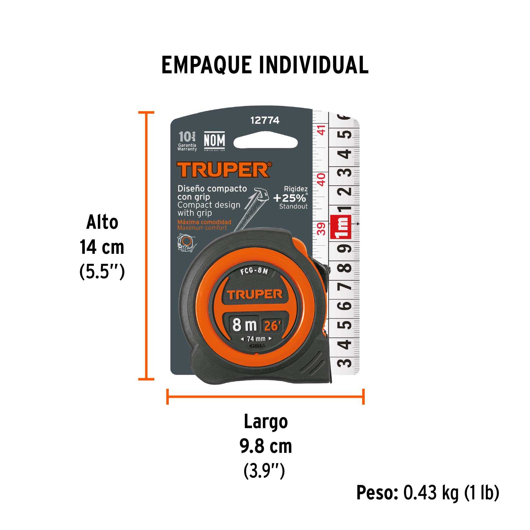 Flexómetro compacto contra impactos 8 m cinta 25 mm, TRUPER TRUPER