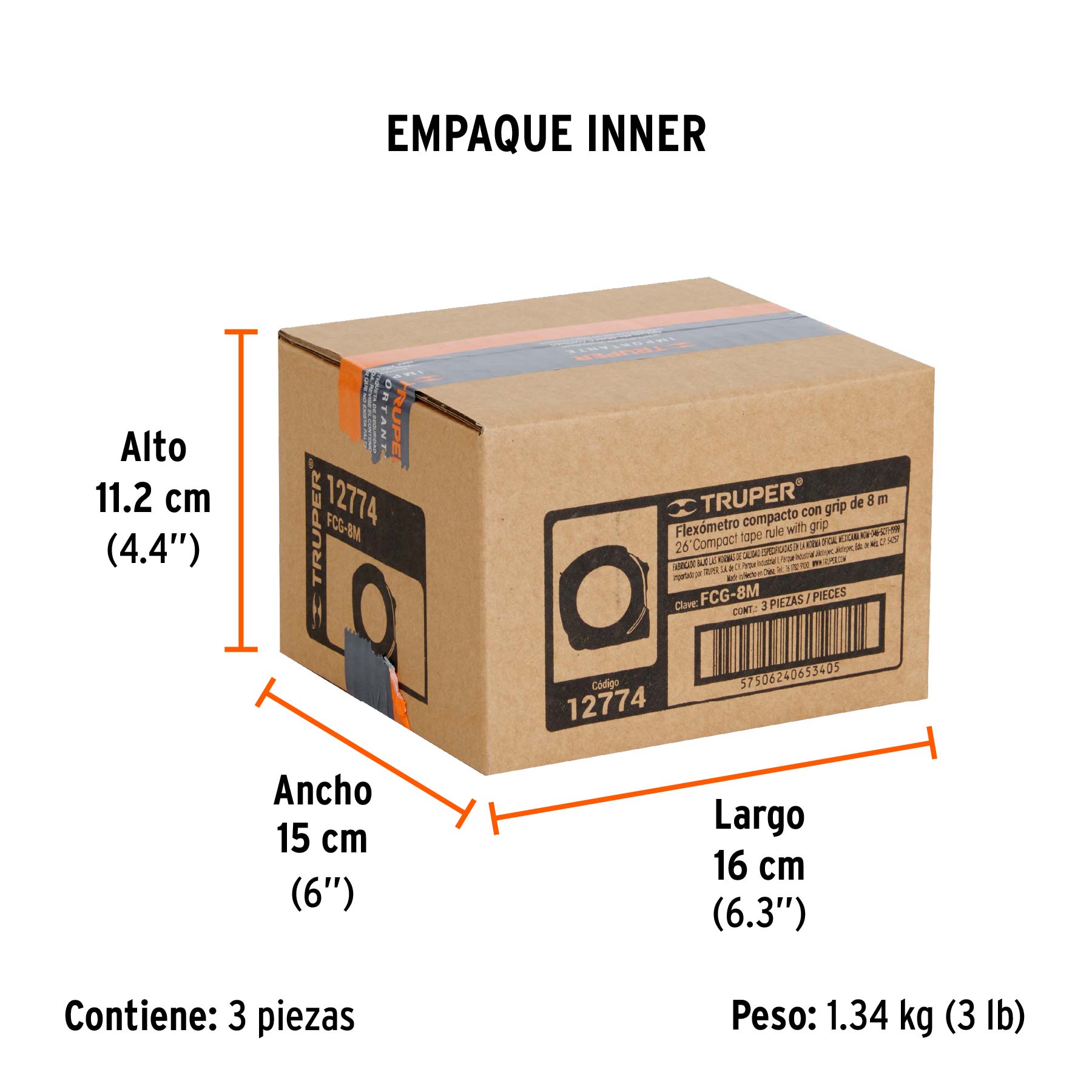 Flexómetro compacto contra impactos 8 m cinta 25 mm, TRUPER TRUPER