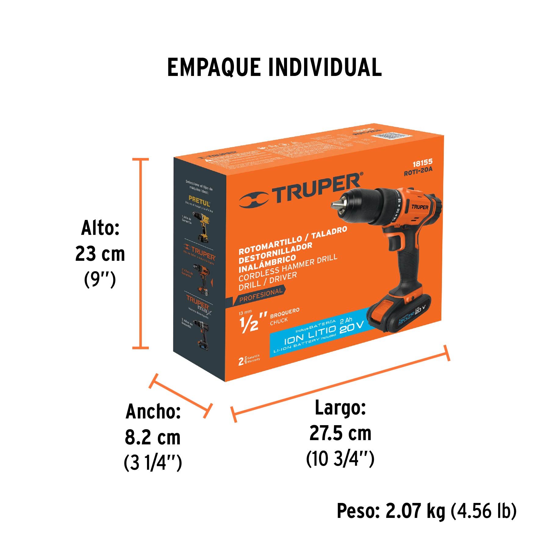 Rotomartillo 1/2", 20V, 1 batería 2Ah, PRO TRUPER