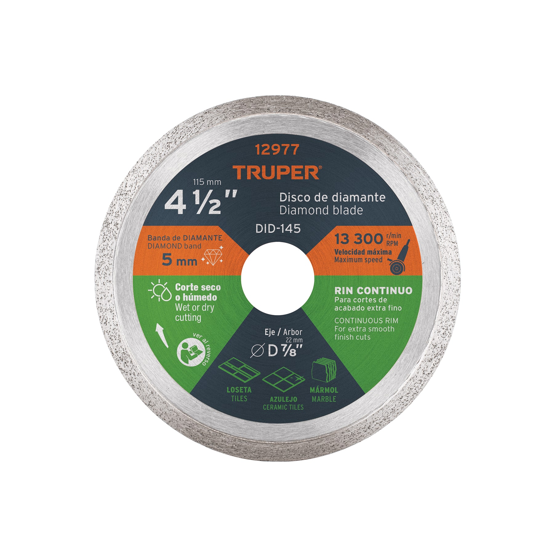 Disco de diamante de 4-1/2" x 1.6 mm, rin continuo, TRUPER TRUPER