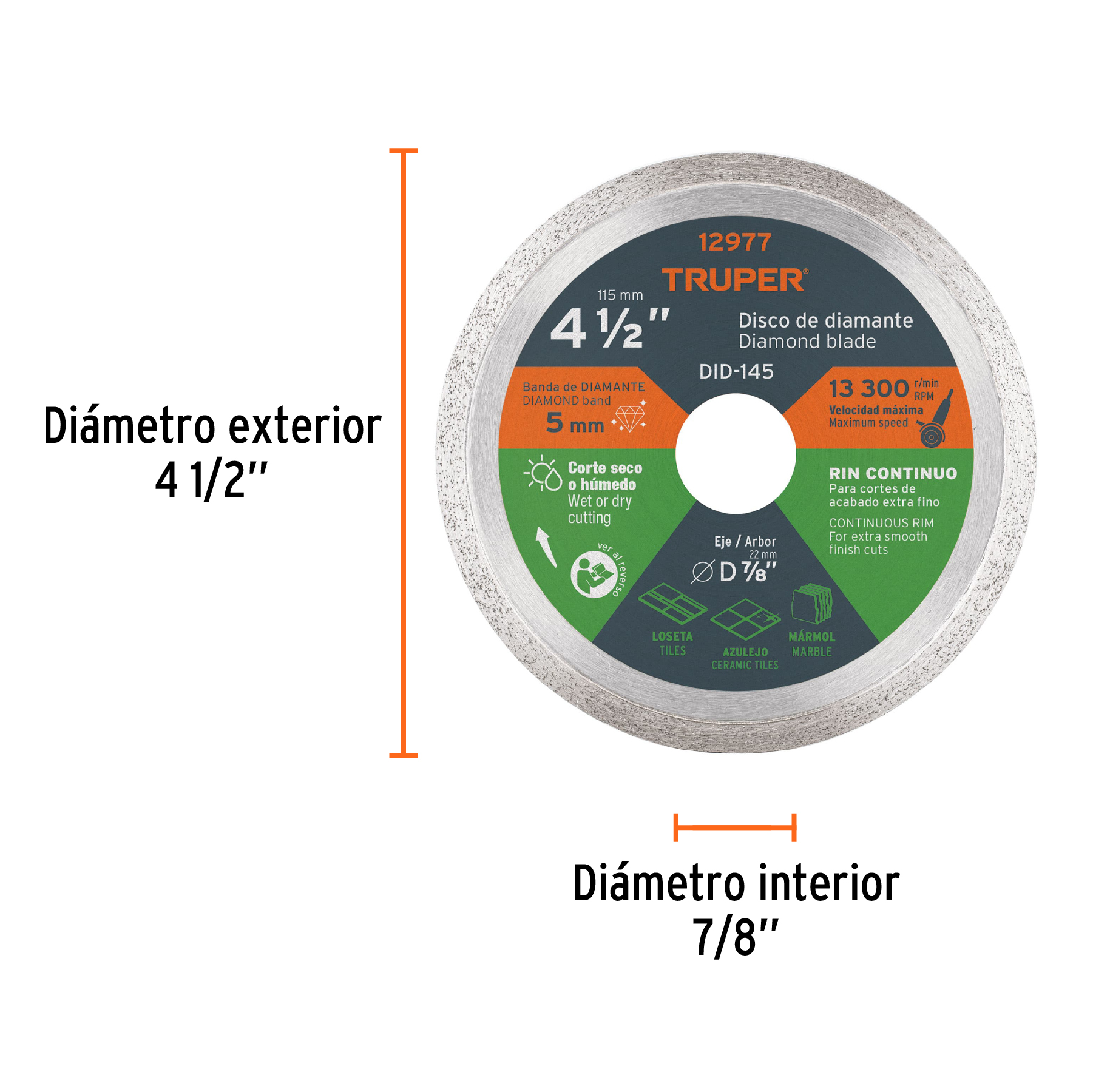 Disco de diamante de 4-1/2" x 1.6 mm, rin continuo, TRUPER TRUPER