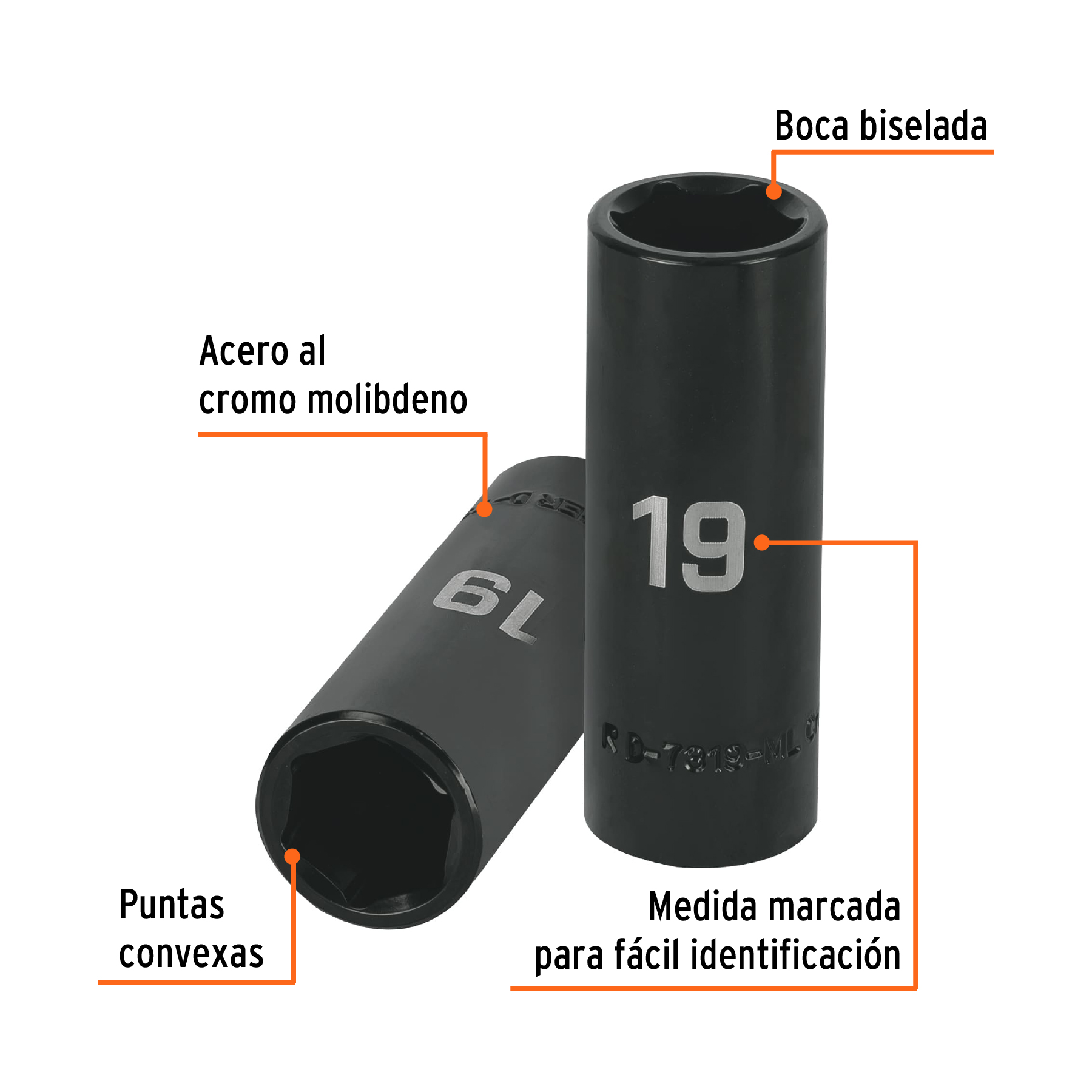 Dado largo cuadro 1/2" de impacto 6 puntas de 19 mm, TRUPER TRUPER