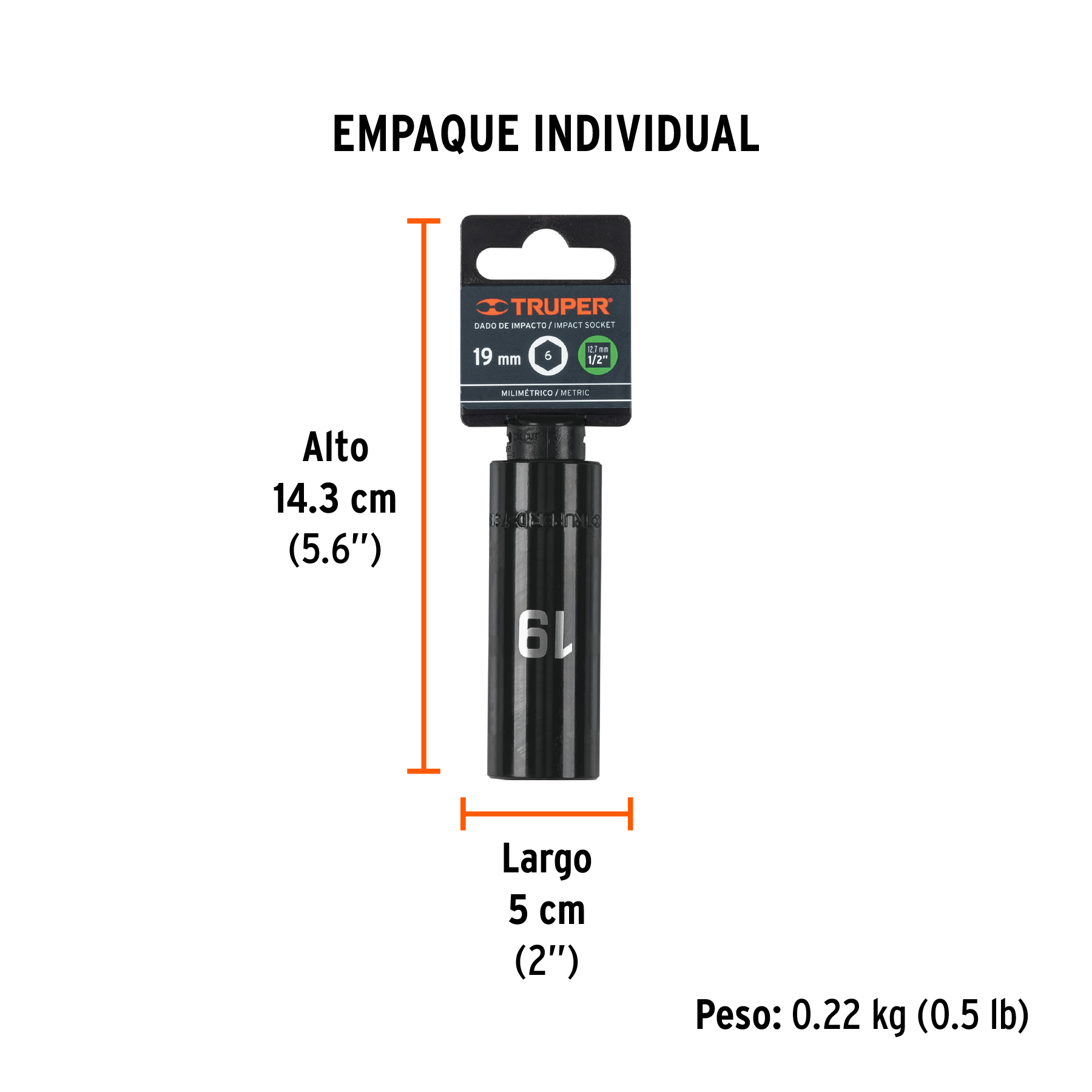 Dado largo cuadro 1/2" de impacto 6 puntas de 19 mm, TRUPER TRUPER
