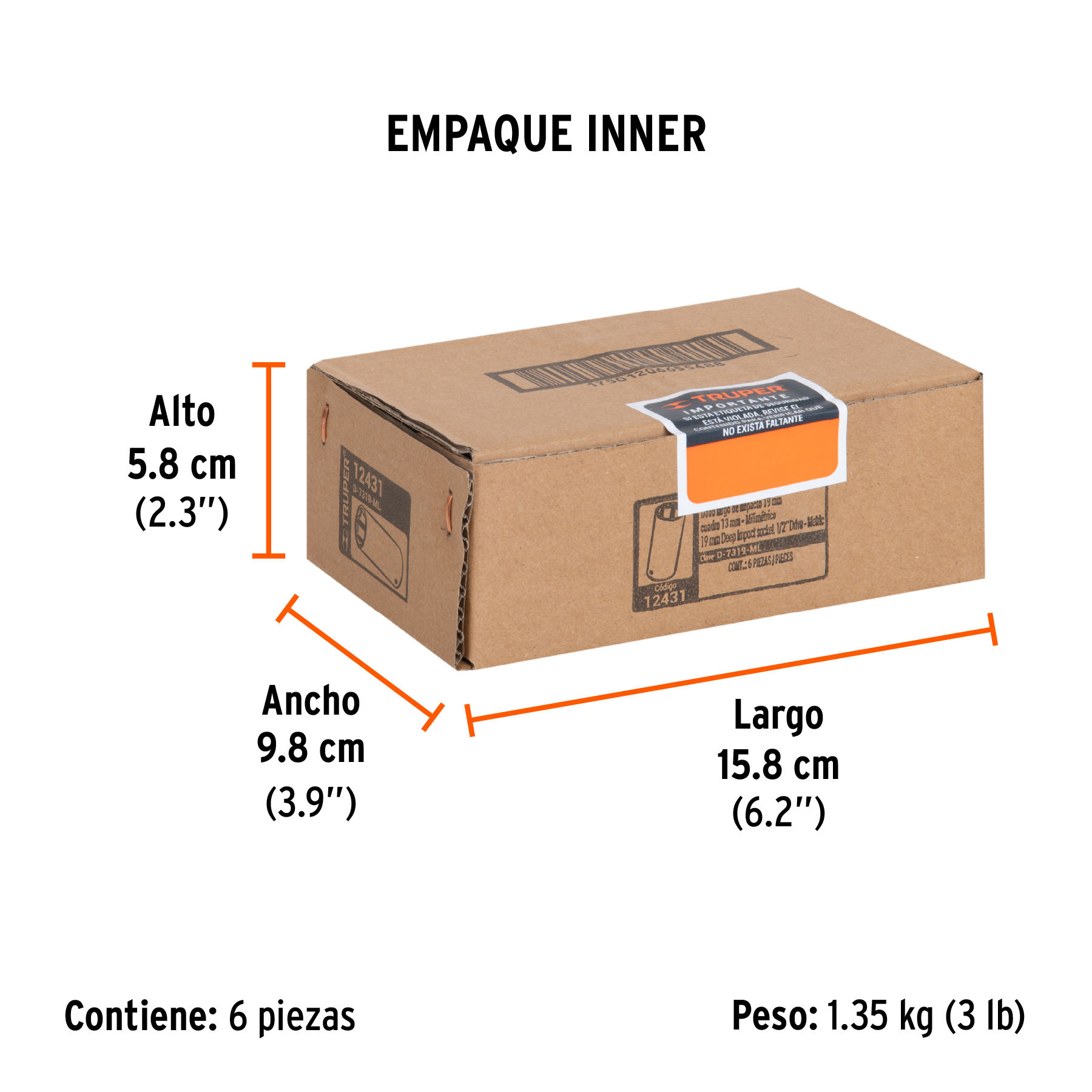 Dado largo cuadro 1/2" de impacto 6 puntas de 19 mm, TRUPER TRUPER