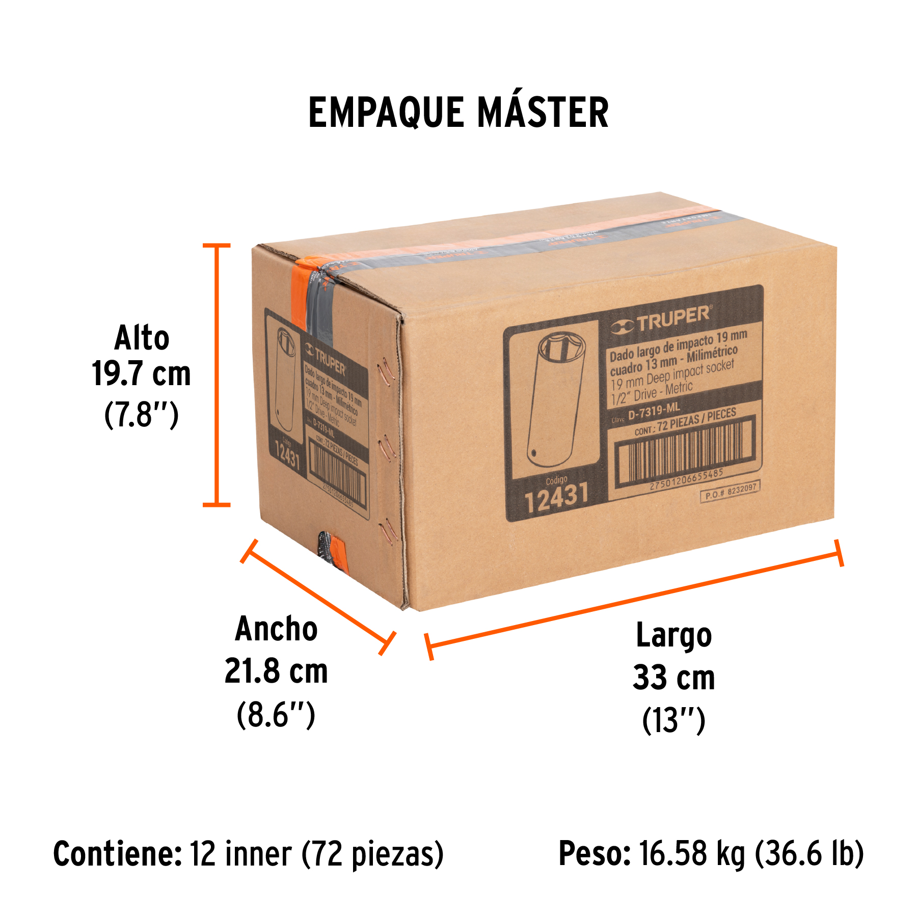 Dado largo cuadro 1/2" de impacto 6 puntas de 19 mm, TRUPER TRUPER