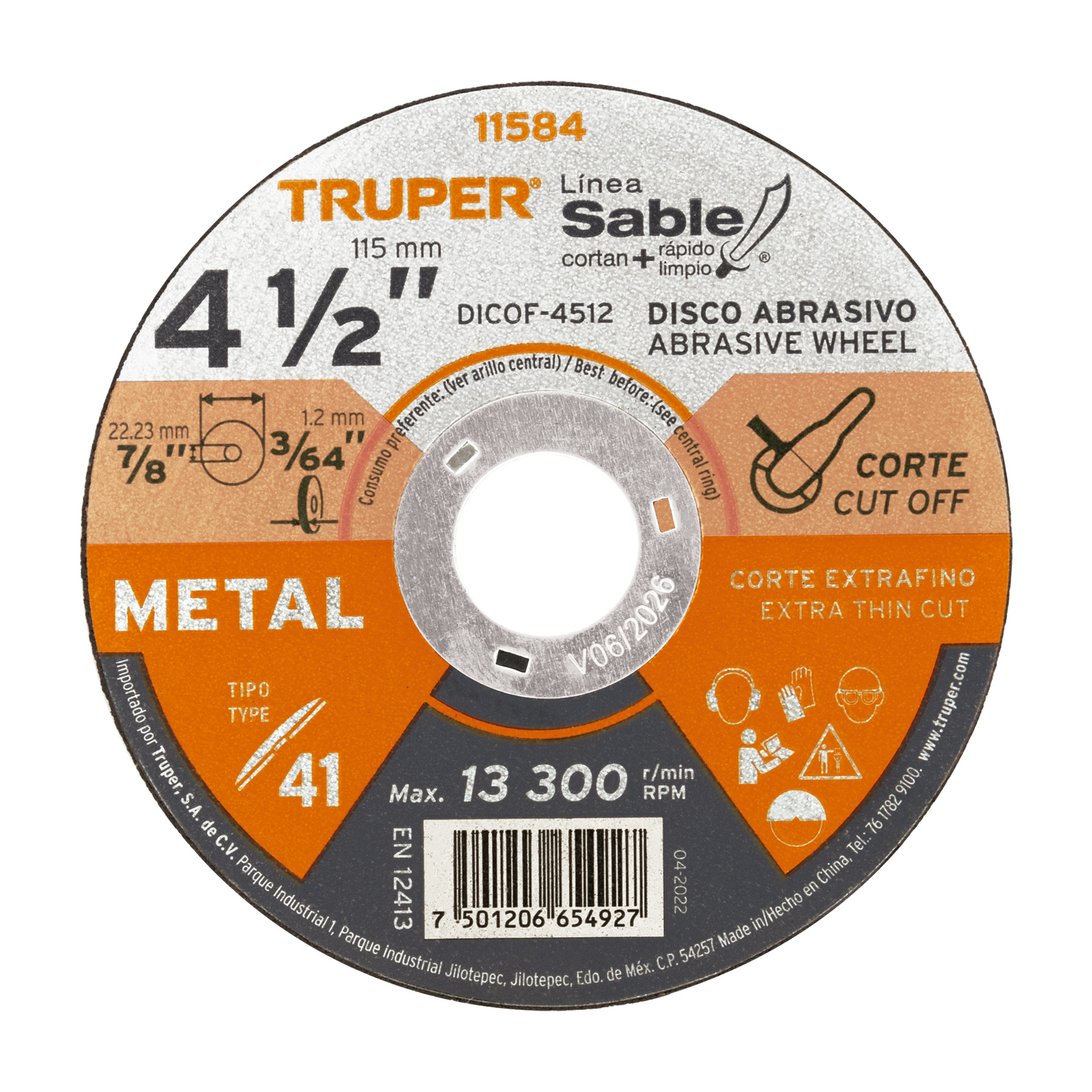 Disco abrasivo de corte preciso metal 4-1/2" x 1.2 mm,TRUPER TRUPER