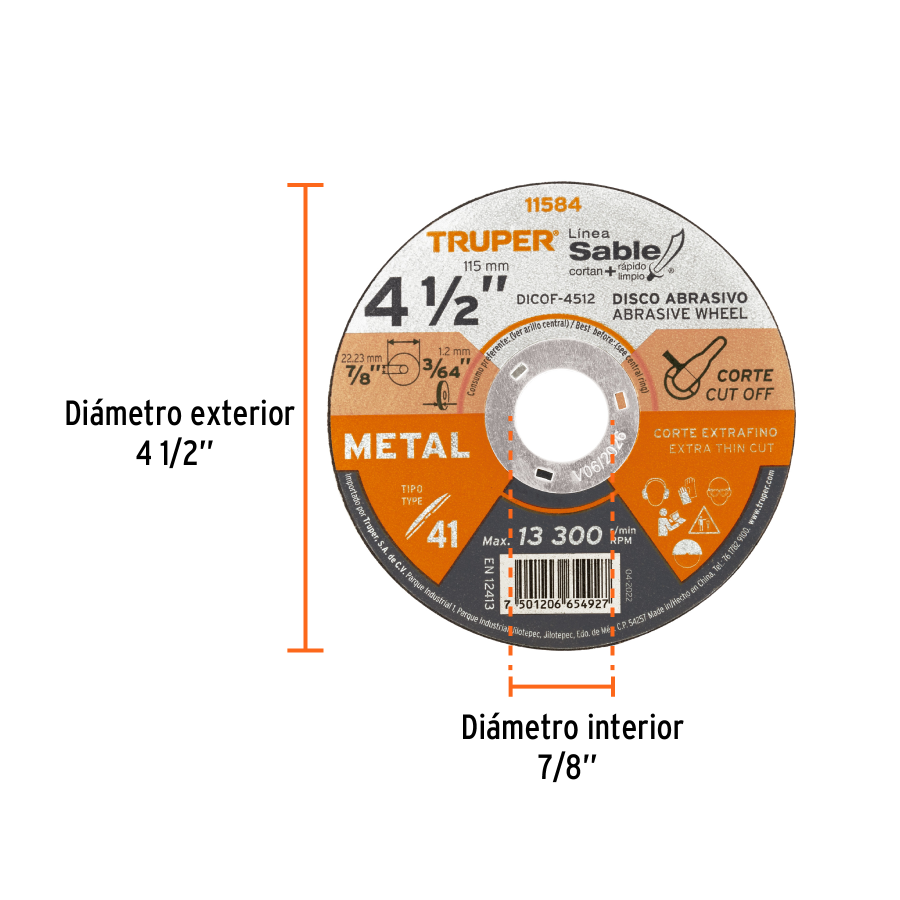 Disco abrasivo de corte preciso metal 4-1/2" x 1.2 mm,TRUPER TRUPER