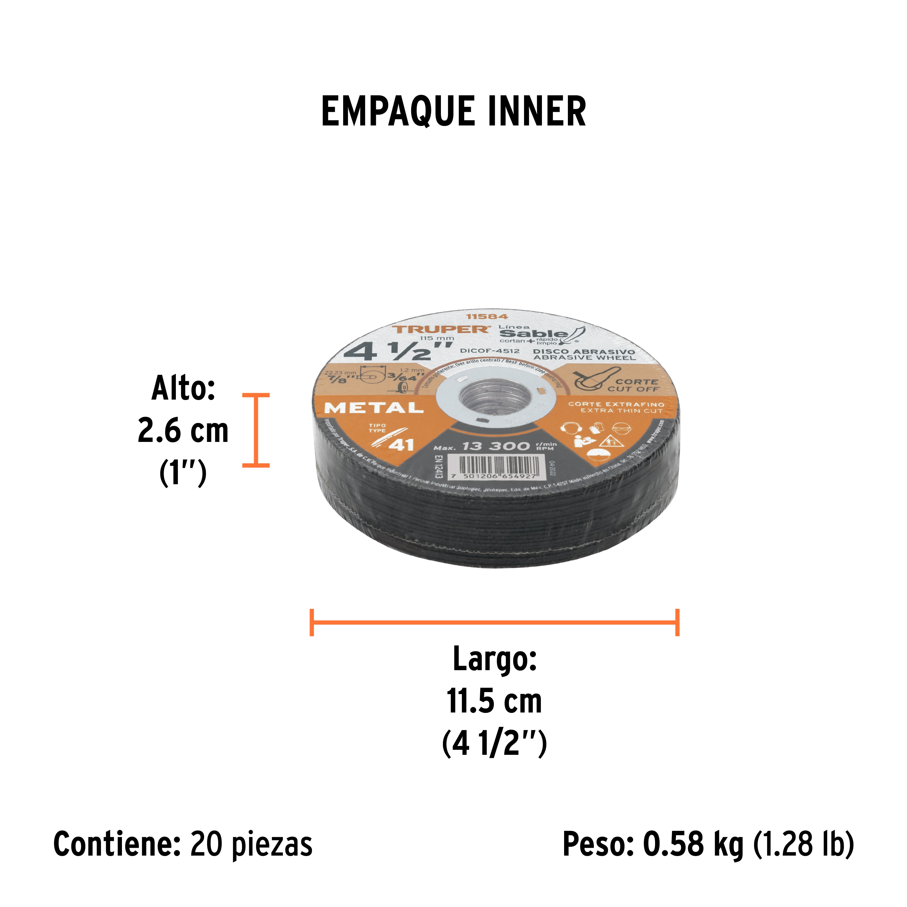 Disco abrasivo de corte preciso metal 4-1/2" x 1.2 mm,TRUPER TRUPER