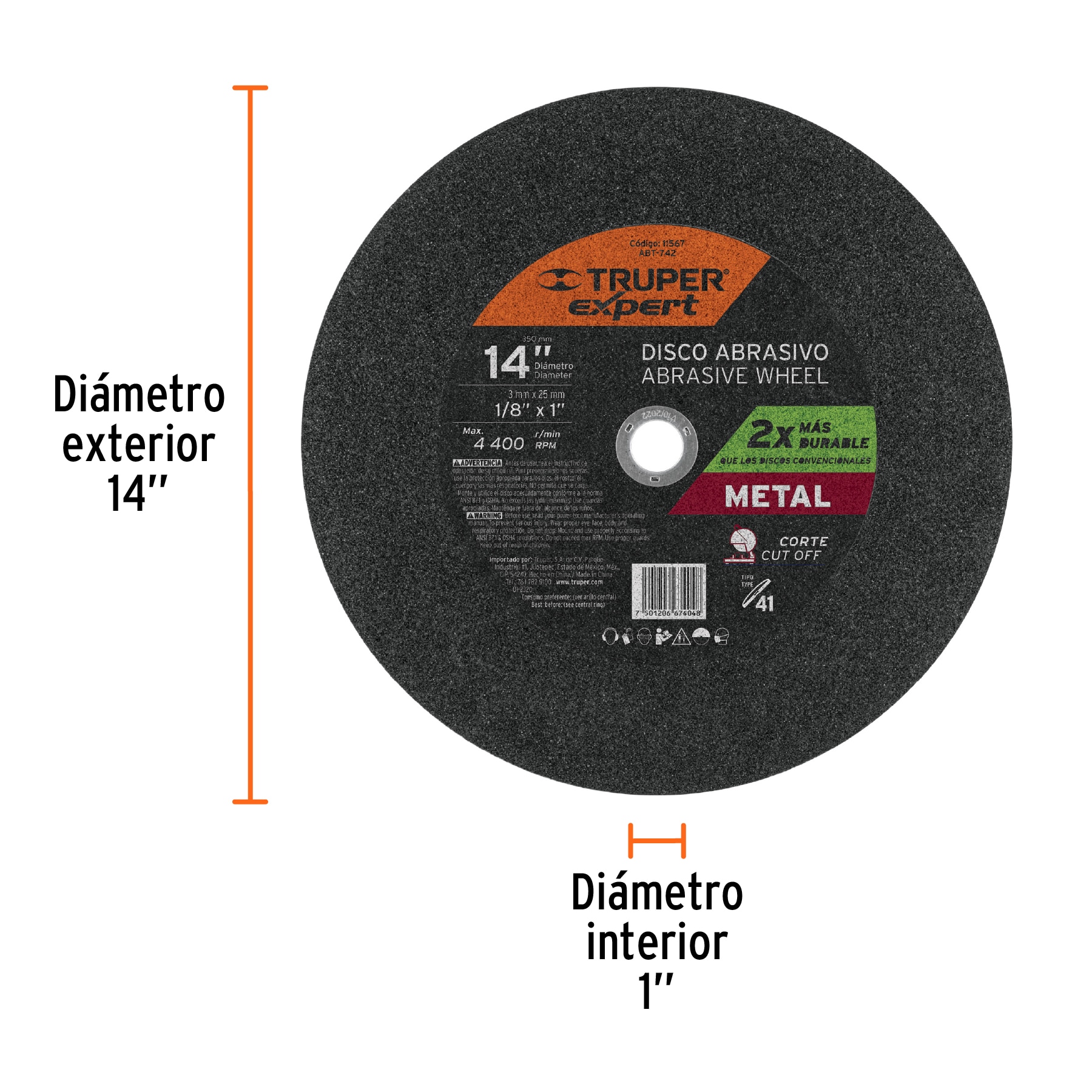 Disco Tipo 41 de 14" x 3.4 mm para corte de metal, EXPERT TRUPER