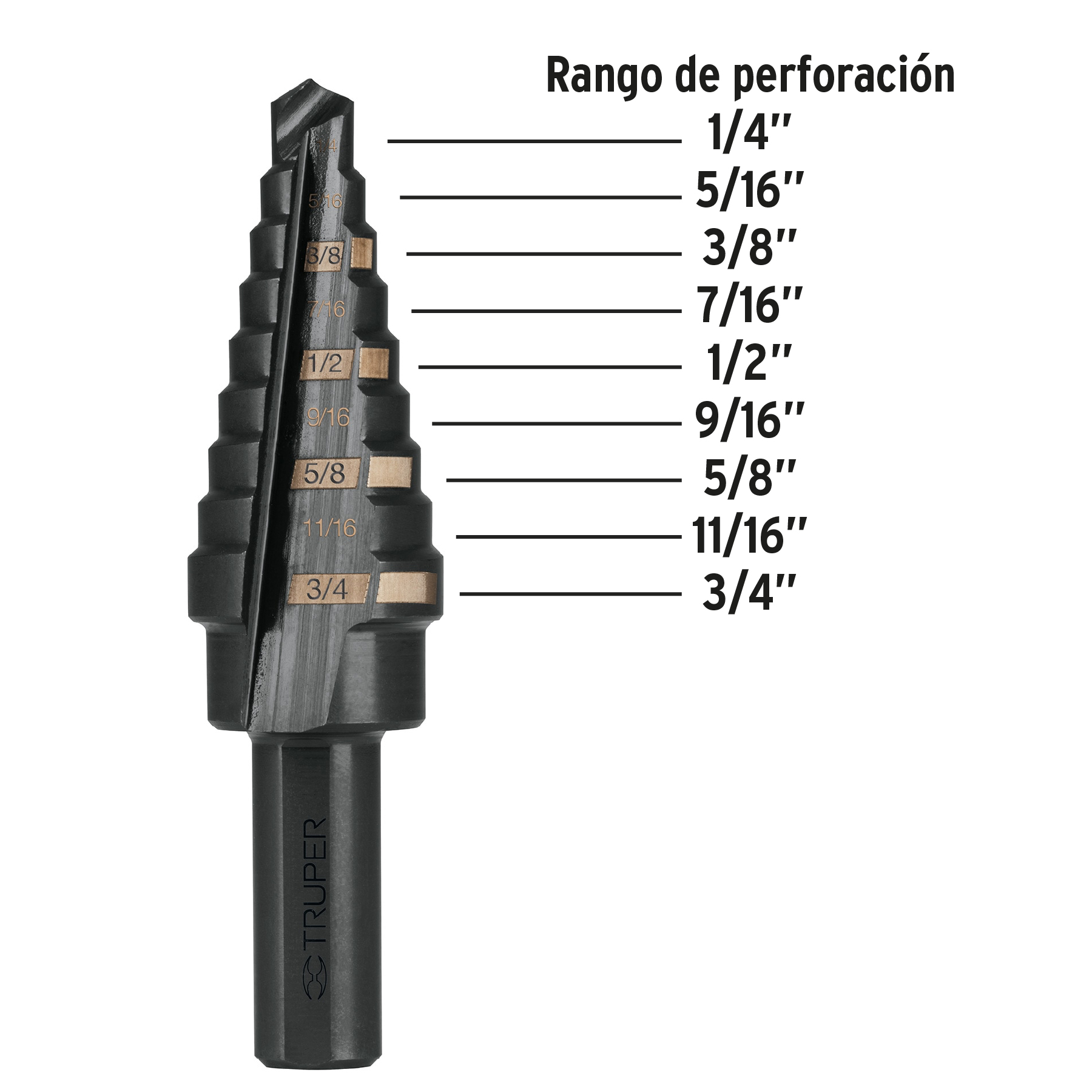 Broca escalonada óxido negro 9 escalones 1/4" a 3/4", TRUPER TRUPER