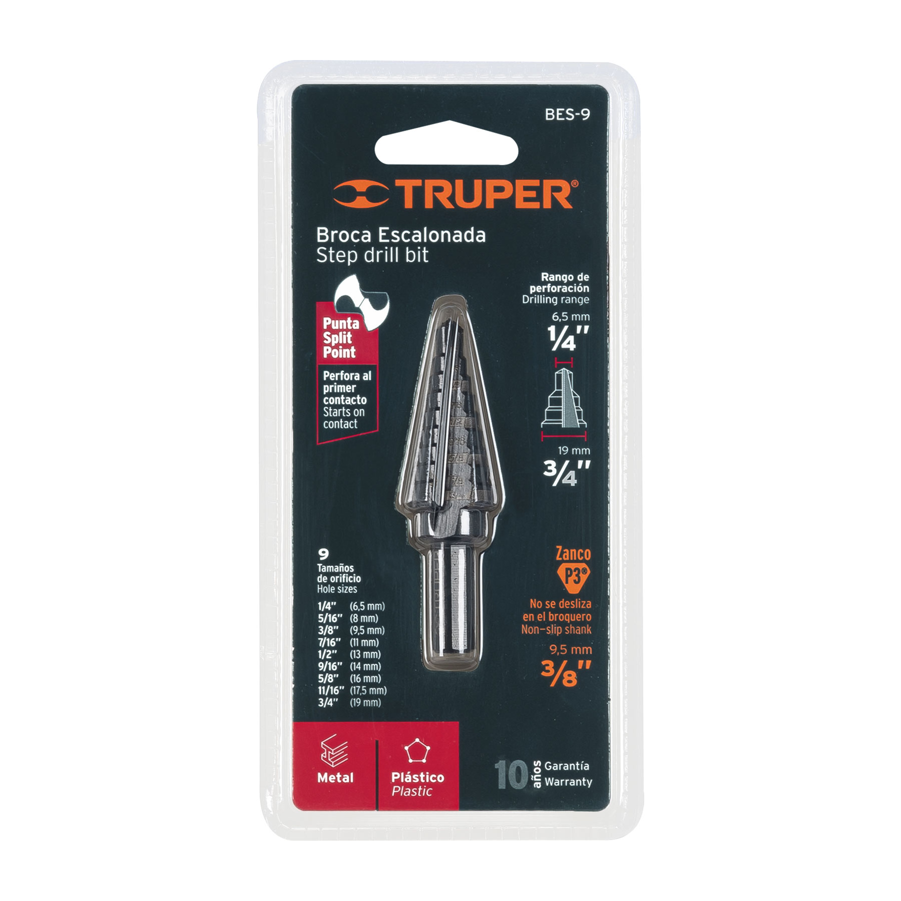 Broca escalonada óxido negro 9 escalones 1/4" a 3/4", TRUPER TRUPER