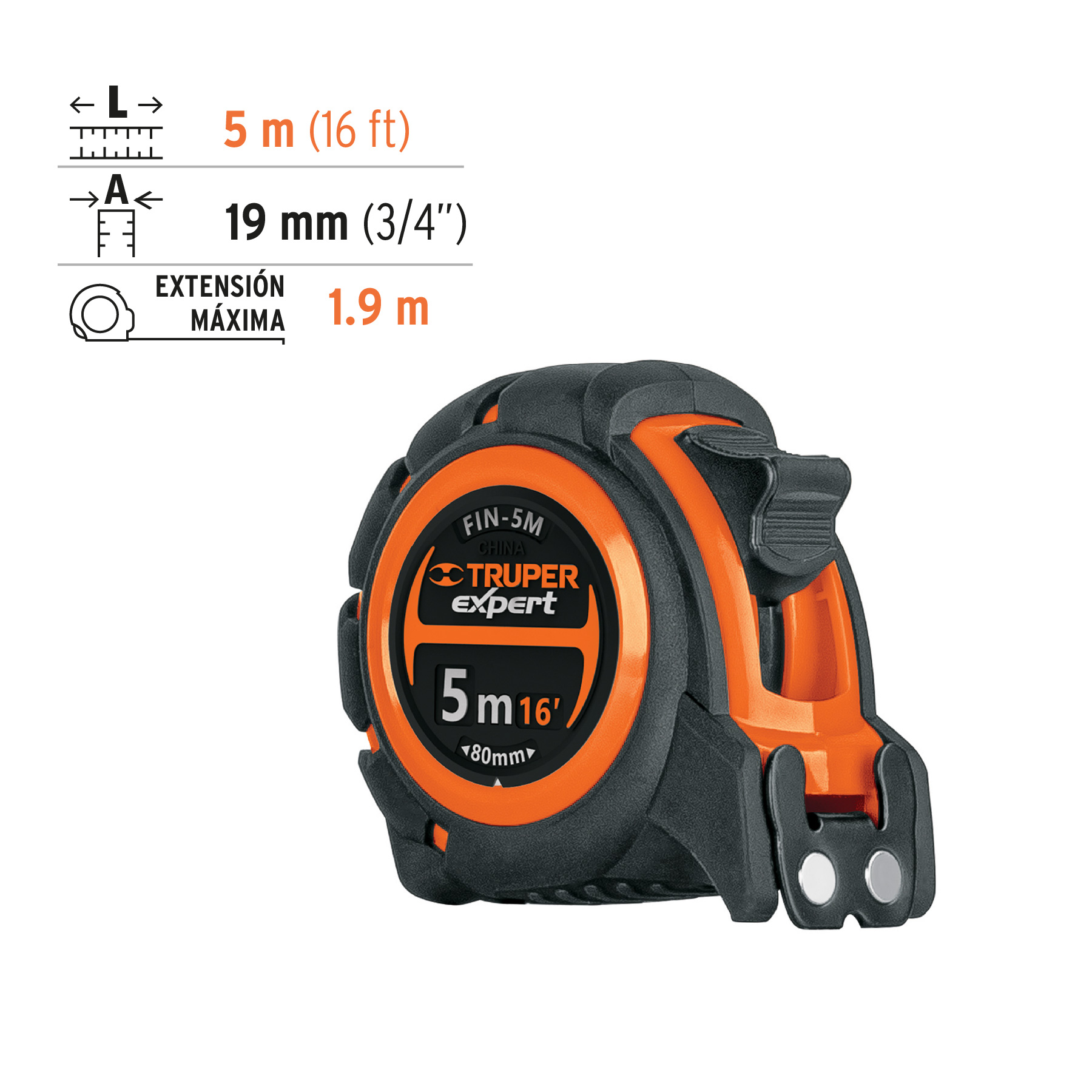 Flexómetro industrial contra impactos 5 m cinta 19 mm TRUPER