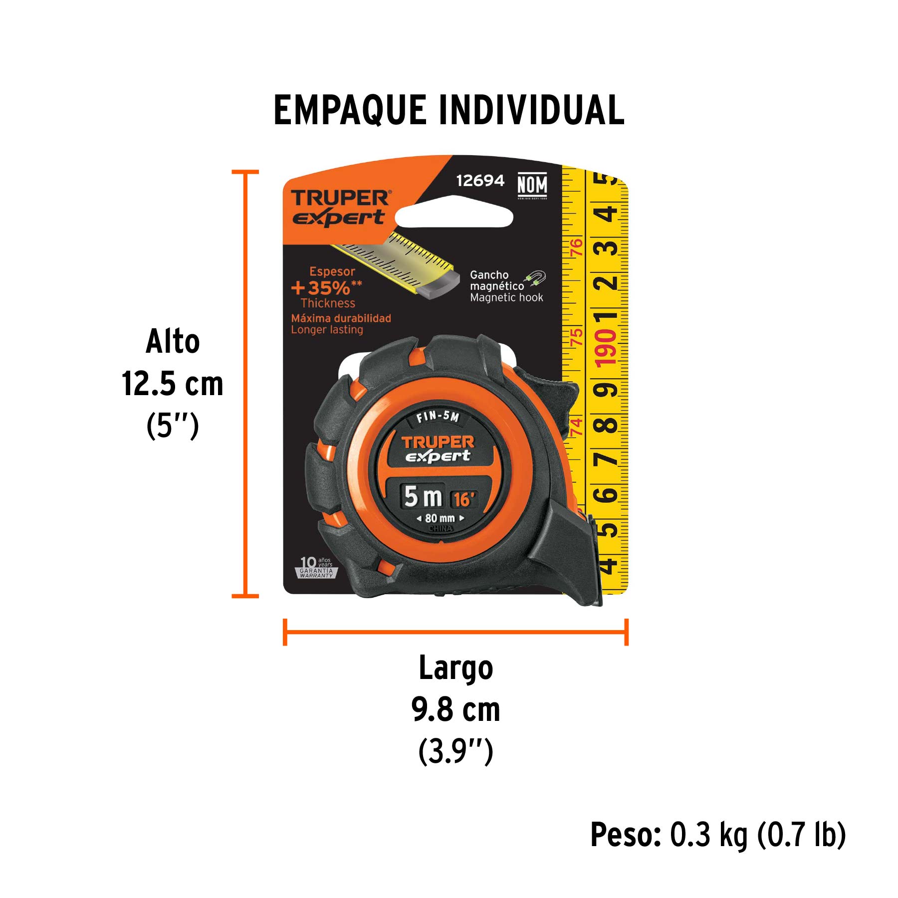 Flexómetro industrial contra impactos 5 m cinta 19 mm TRUPER