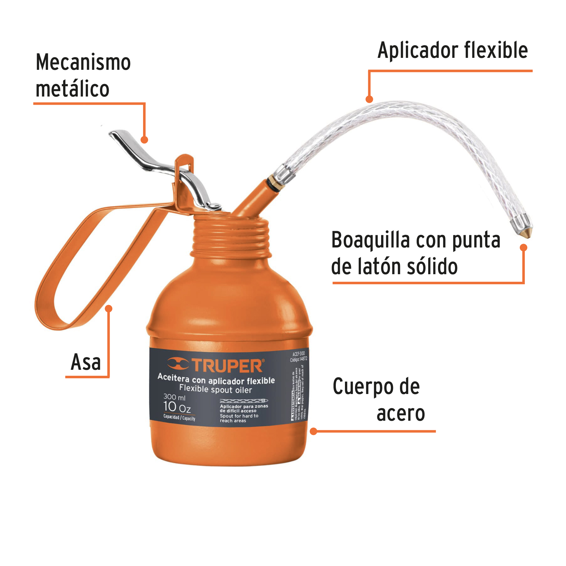 Aceitera de 300 ml (10 oz) con aplicador flexible, TRUPER TRUPER