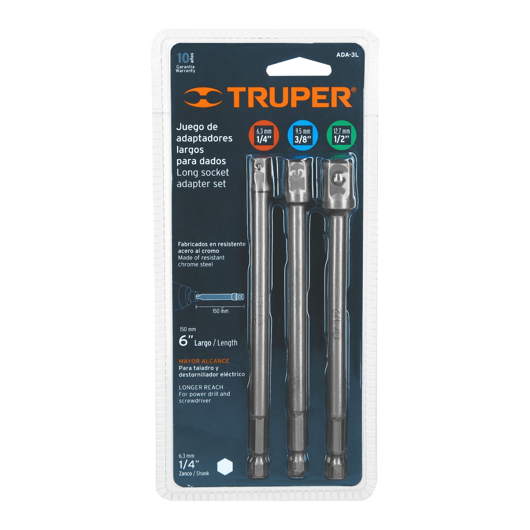 Juego de 3 adaptadores largos para dados de 1/4, 3/8 y 1/2" TRUPER