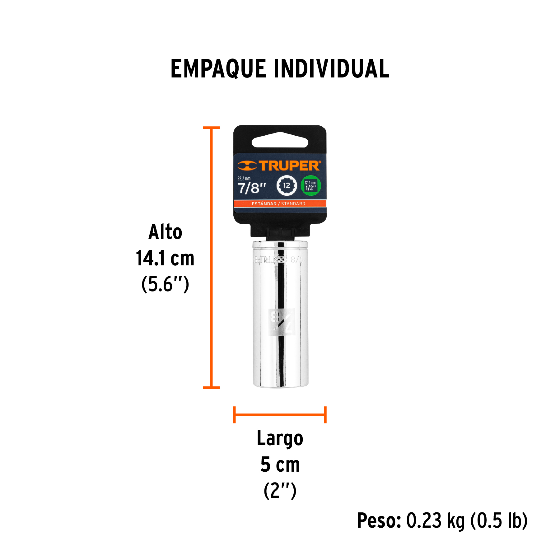 Dado largo de 7/8", 12 puntas, cuadro 1/2", TRUPER TRUPER