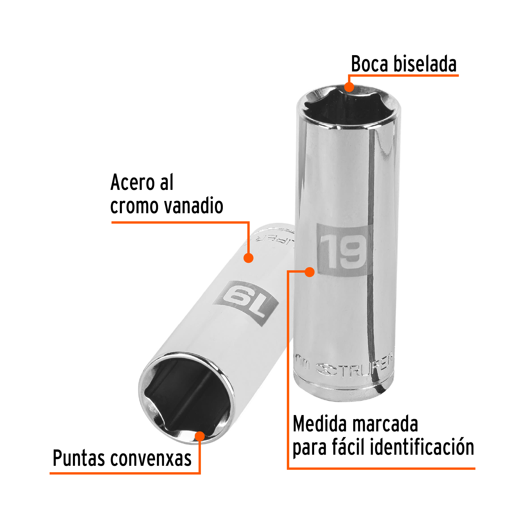 Dado largo de 19 mm, 6 puntas, cuadro 1/2", TRUPER TRUPER