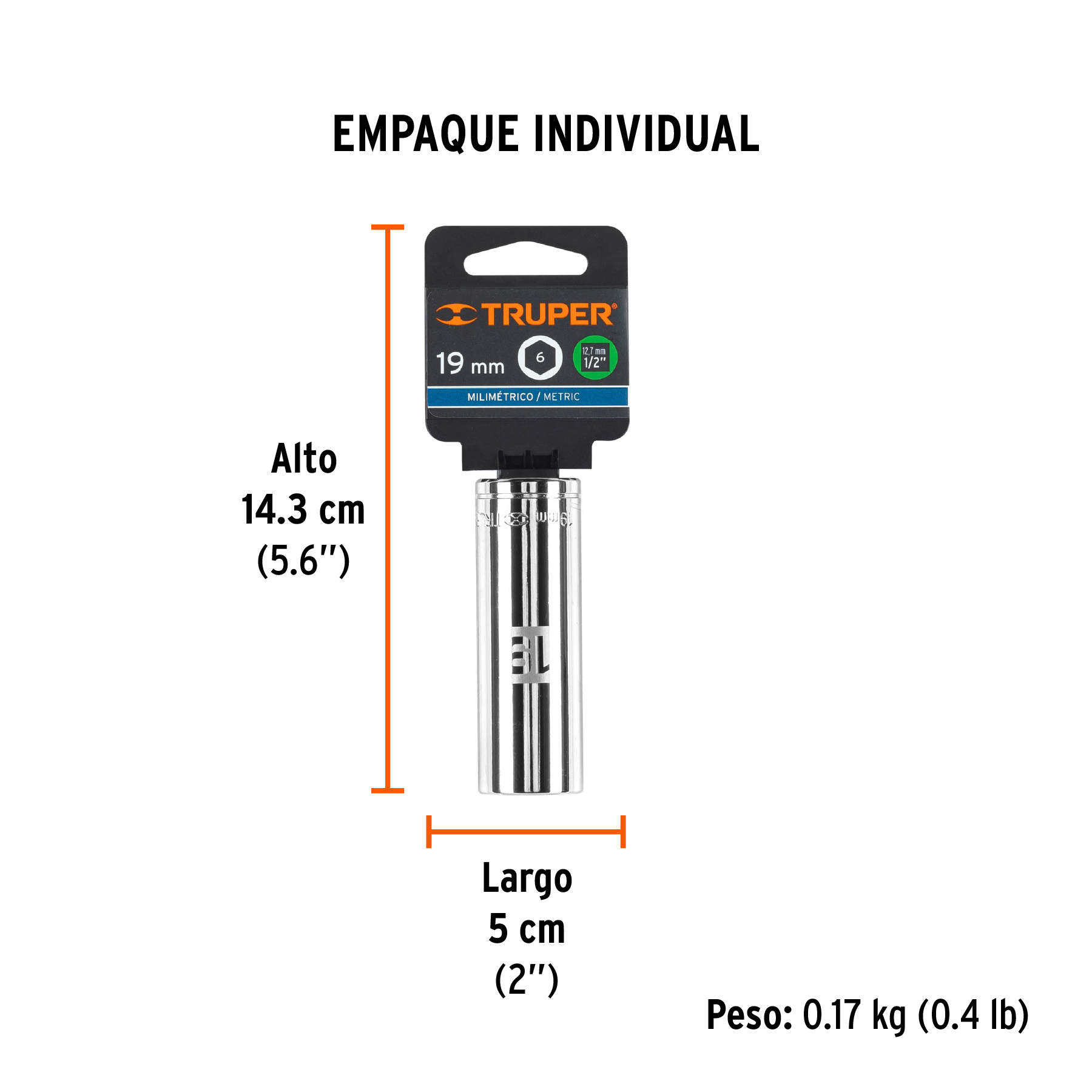 Dado largo de 19 mm, 6 puntas, cuadro 1/2", TRUPER TRUPER