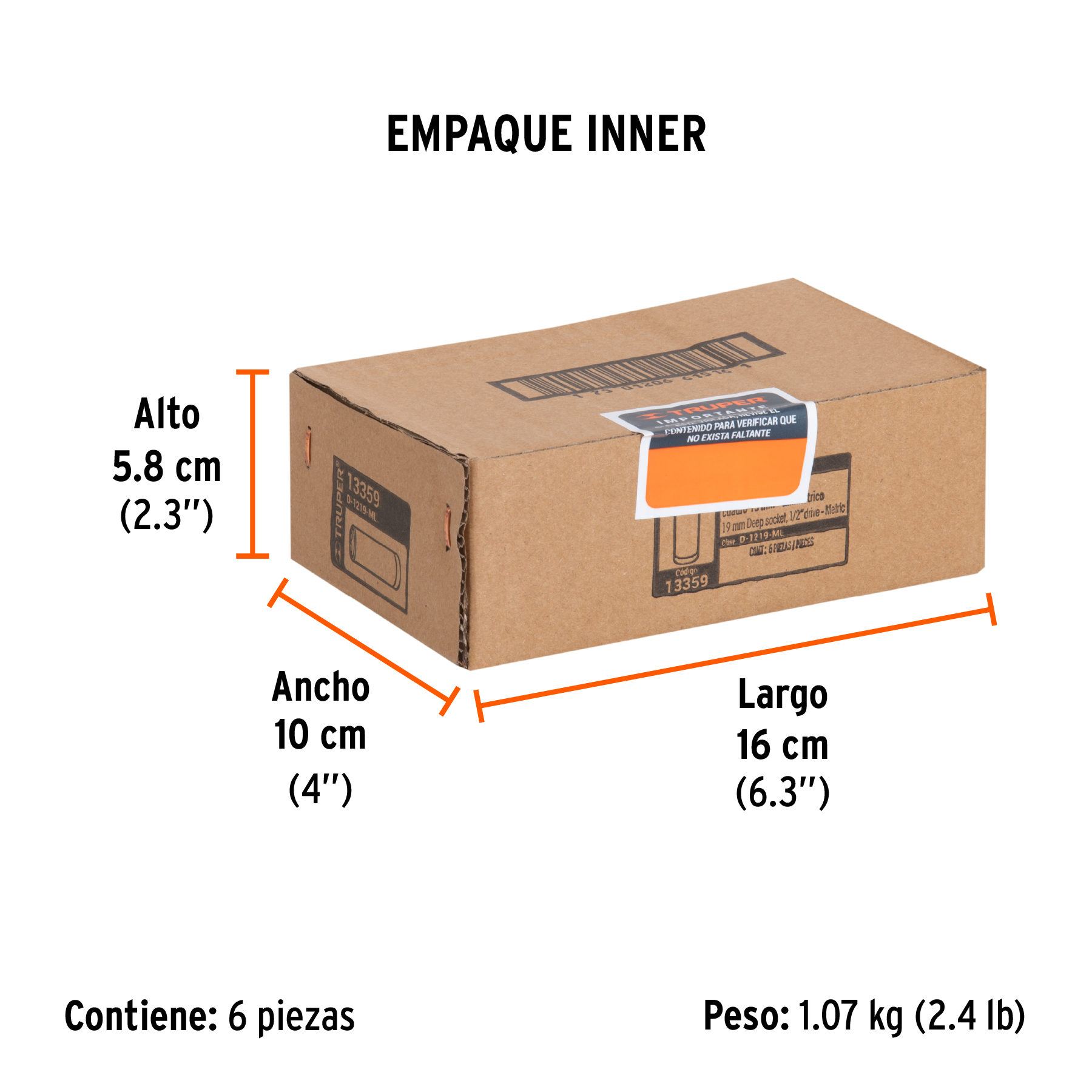 Dado largo de 19 mm, 6 puntas, cuadro 1/2", TRUPER TRUPER