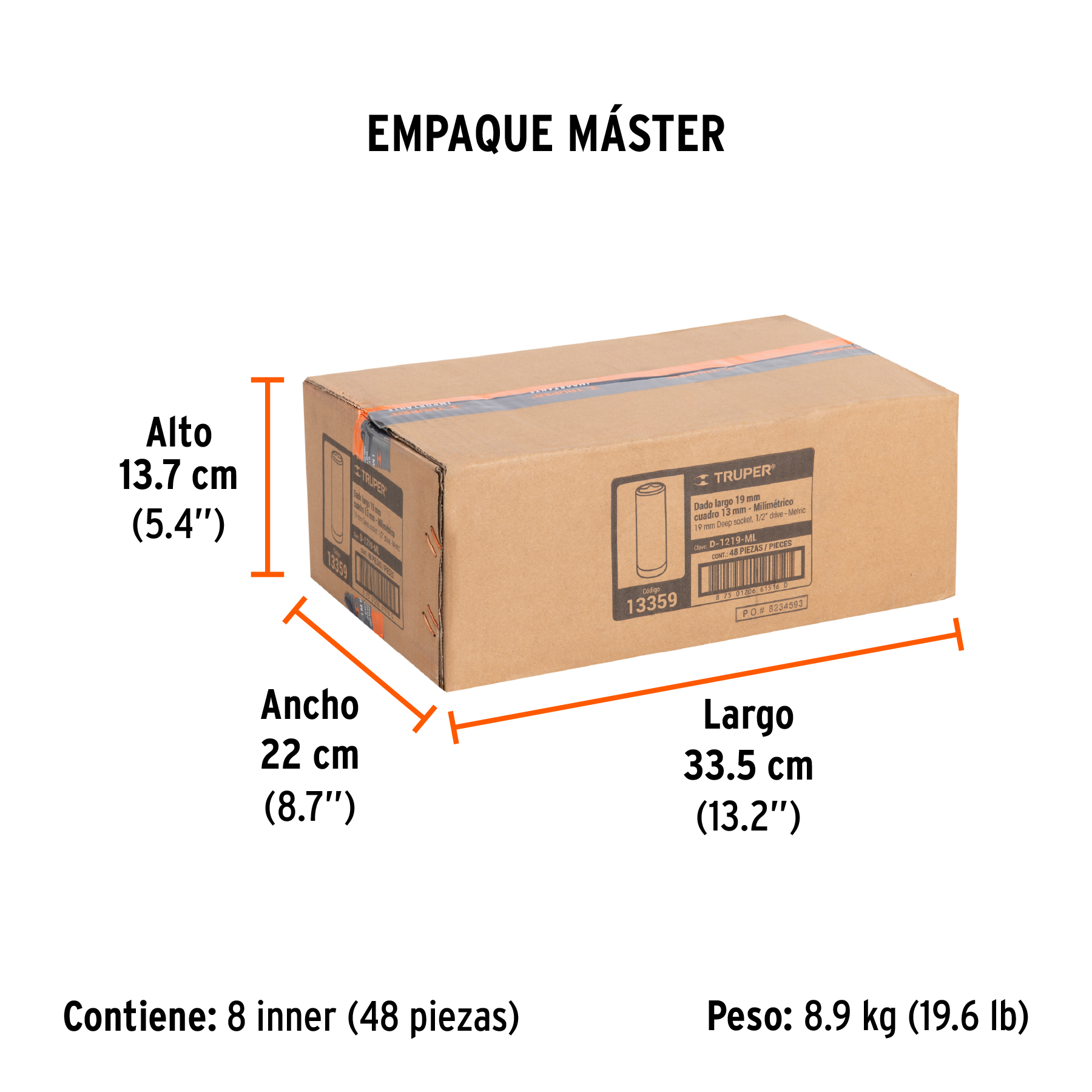 Dado largo de 19 mm, 6 puntas, cuadro 1/2", TRUPER TRUPER