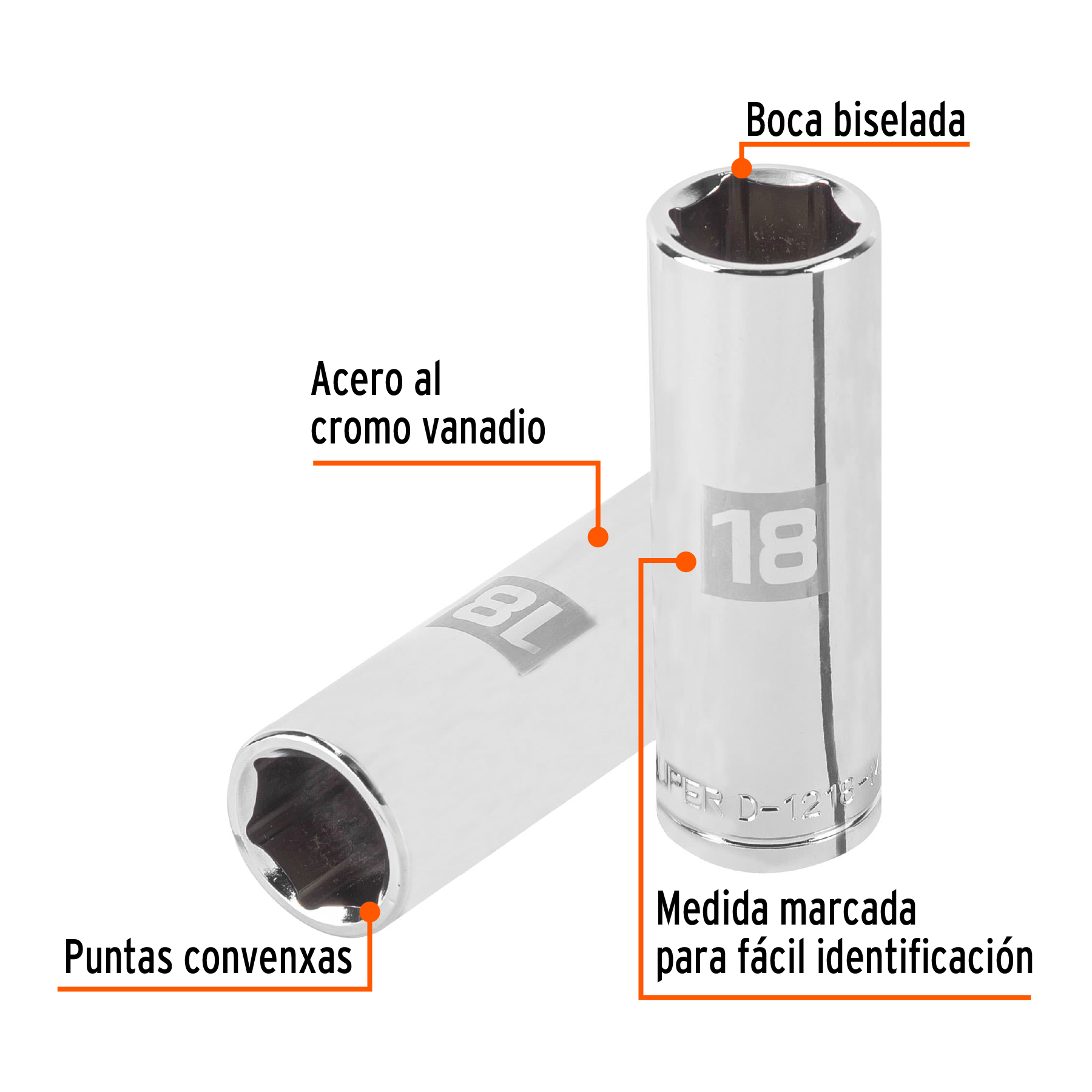 Dado largo de 18 mm, 6 puntas, cuadro 1/2", TRUPER TRUPER