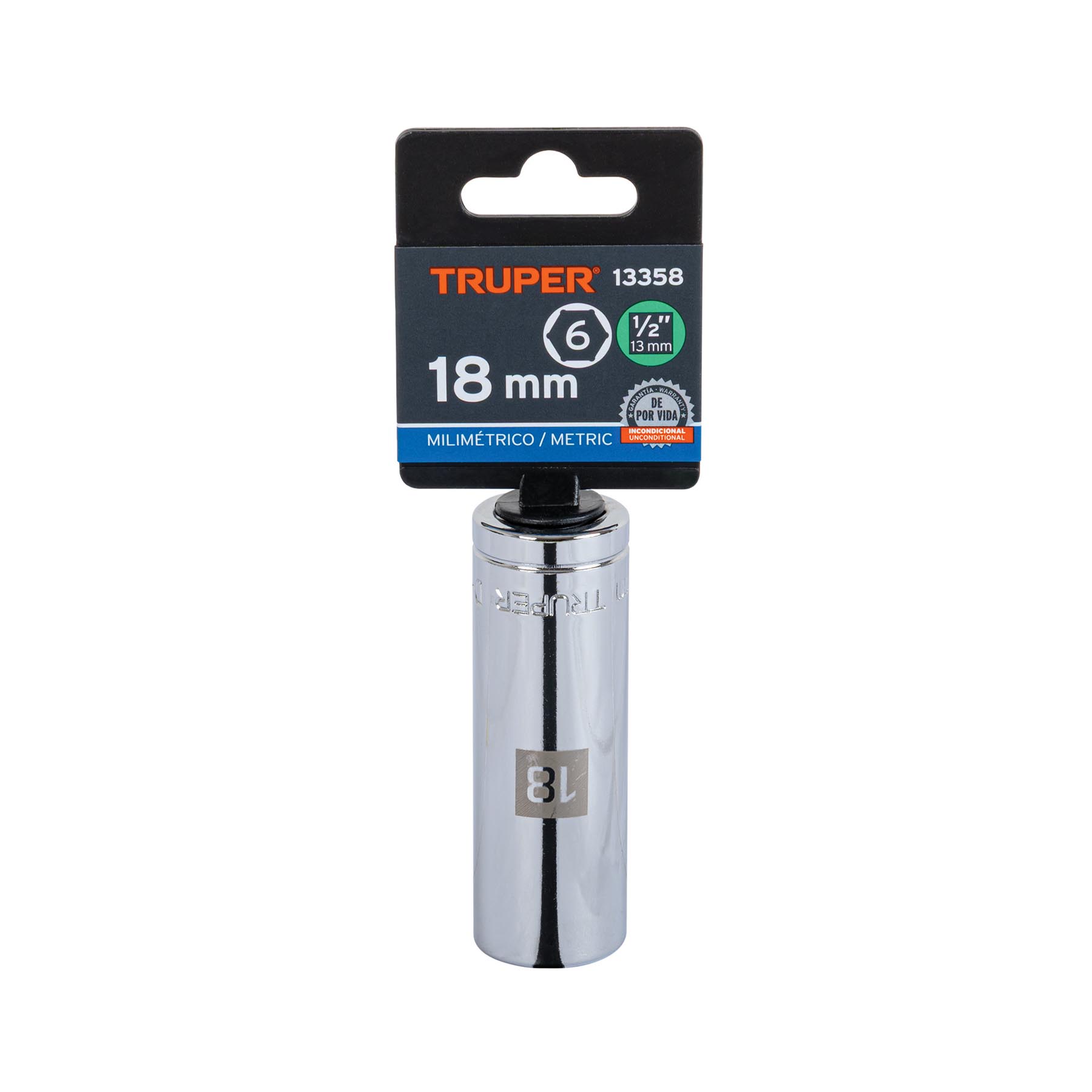 Dado largo de 18 mm, 6 puntas, cuadro 1/2", TRUPER TRUPER