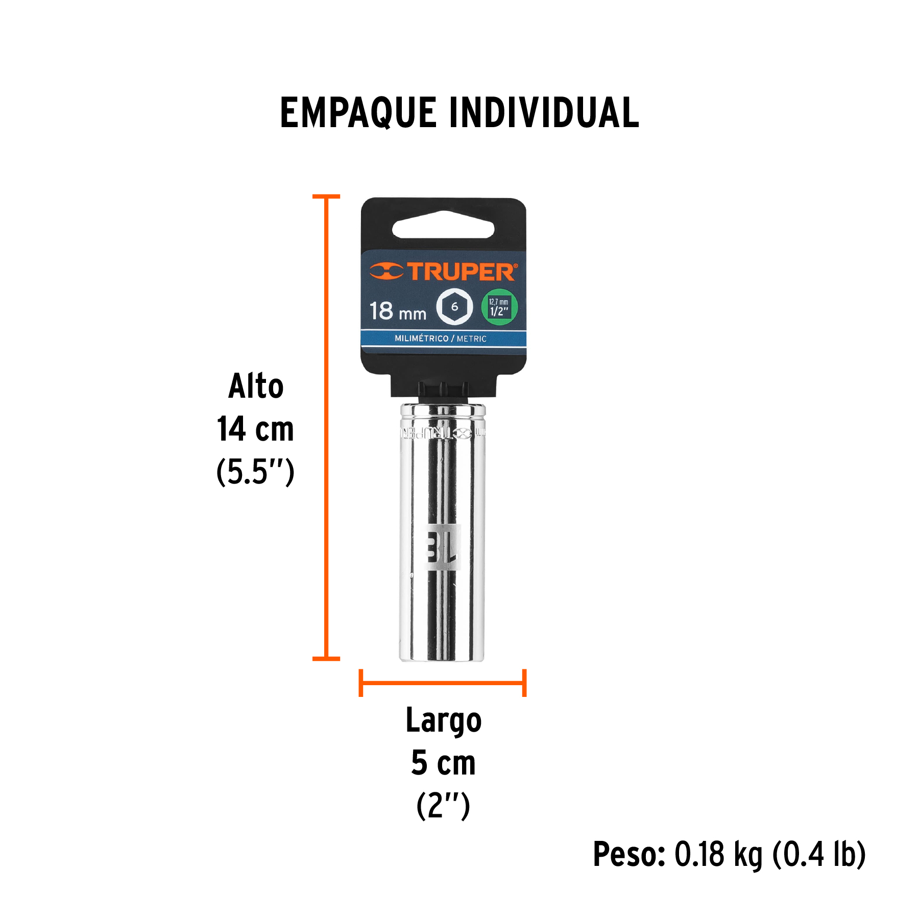 Dado largo de 18 mm, 6 puntas, cuadro 1/2", TRUPER TRUPER