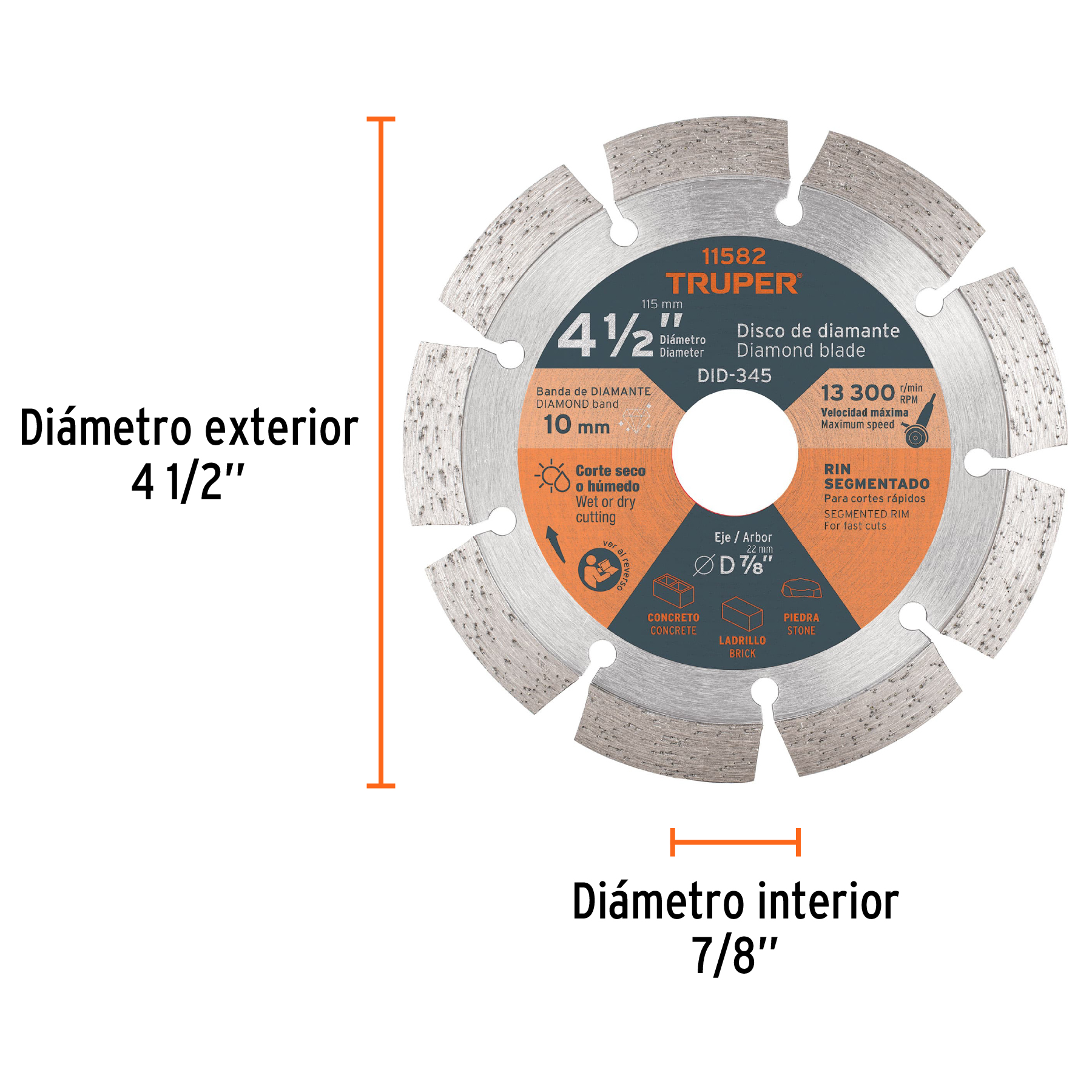 Disco de diamante de 4-1/2" x 2.1 mm, rin segmentado, TRUPER TRUPER