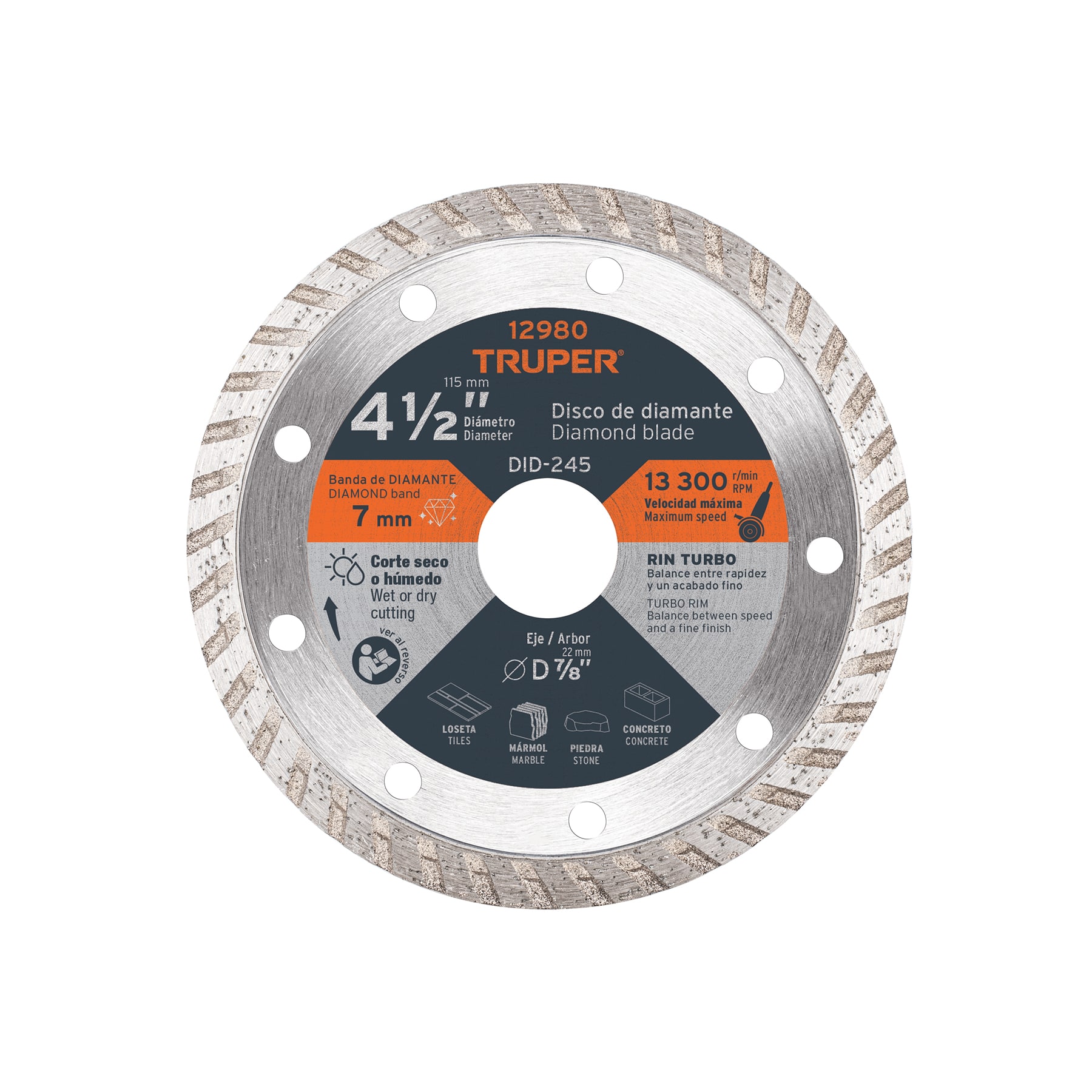 Disco de diamante de 4-1/2" x 2.2 mm, rin turbo, TRUPER TRUPER