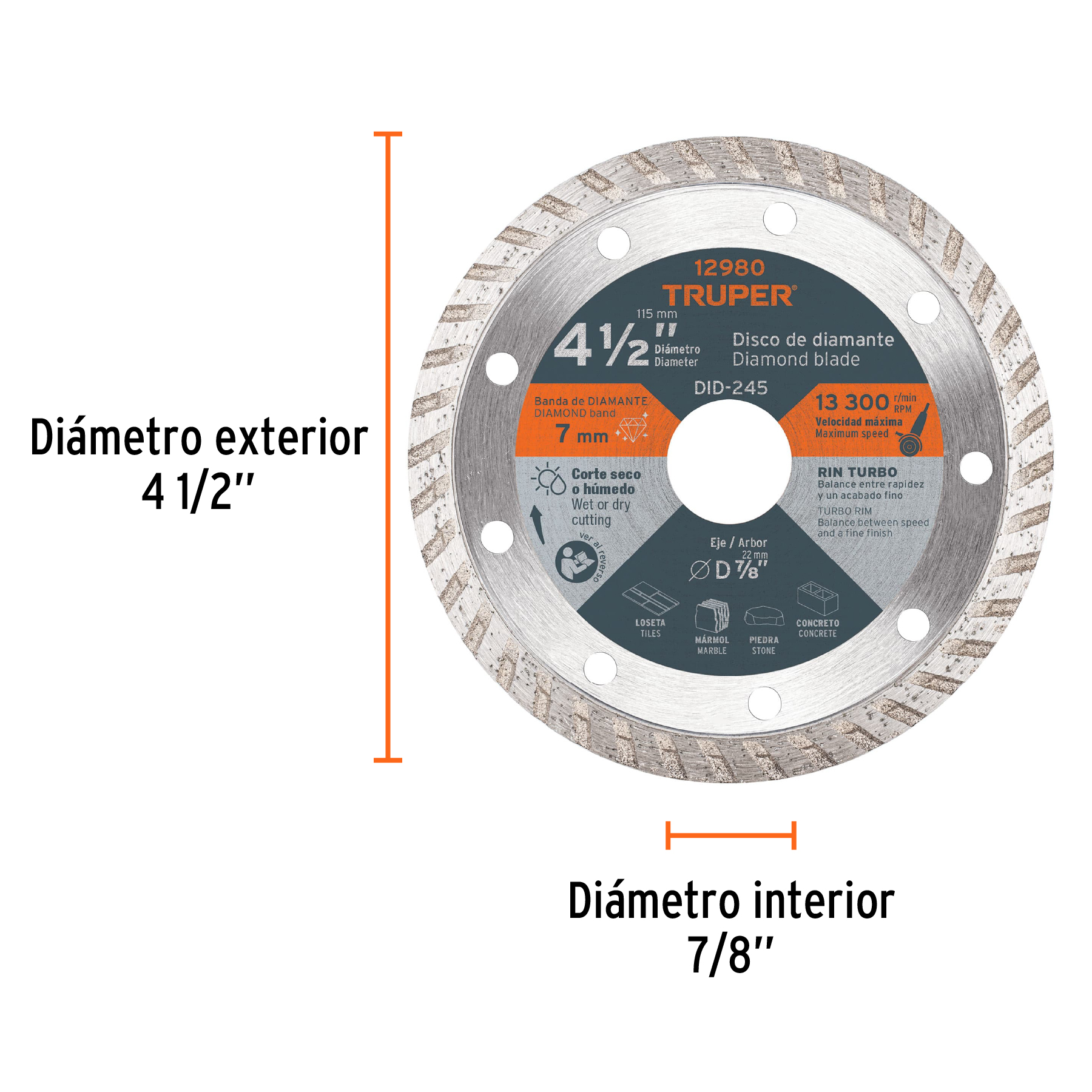 Disco de diamante de 4-1/2" x 2.2 mm, rin turbo, TRUPER TRUPER