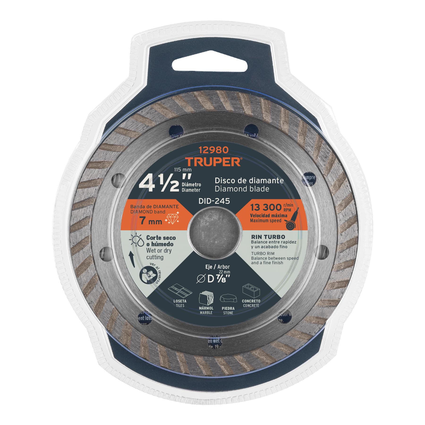 Disco de diamante de 4-1/2" x 2.2 mm, rin turbo, TRUPER TRUPER
