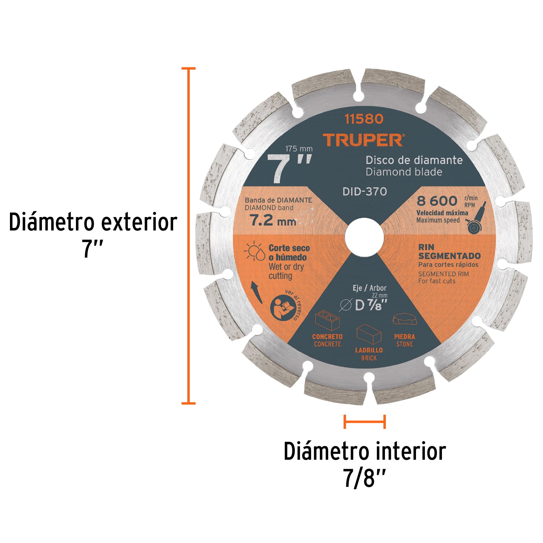 Disco de diamante de 7" x 2.5 mm, rin segmentado, TRUPER TRUPER