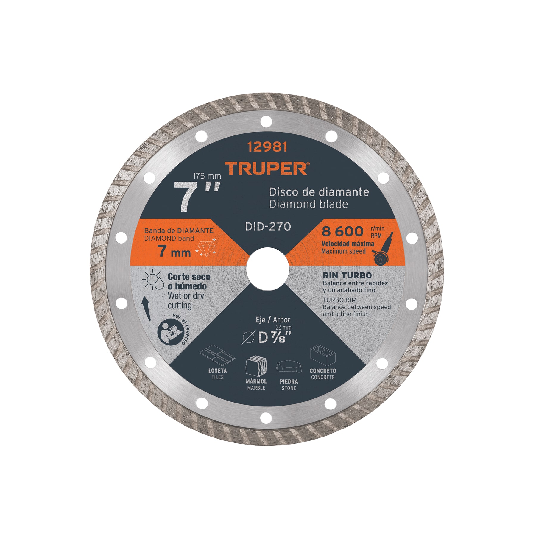 Disco de diamante de 7" x 2.8 mm, rin turbo, TRUPER TRUPER