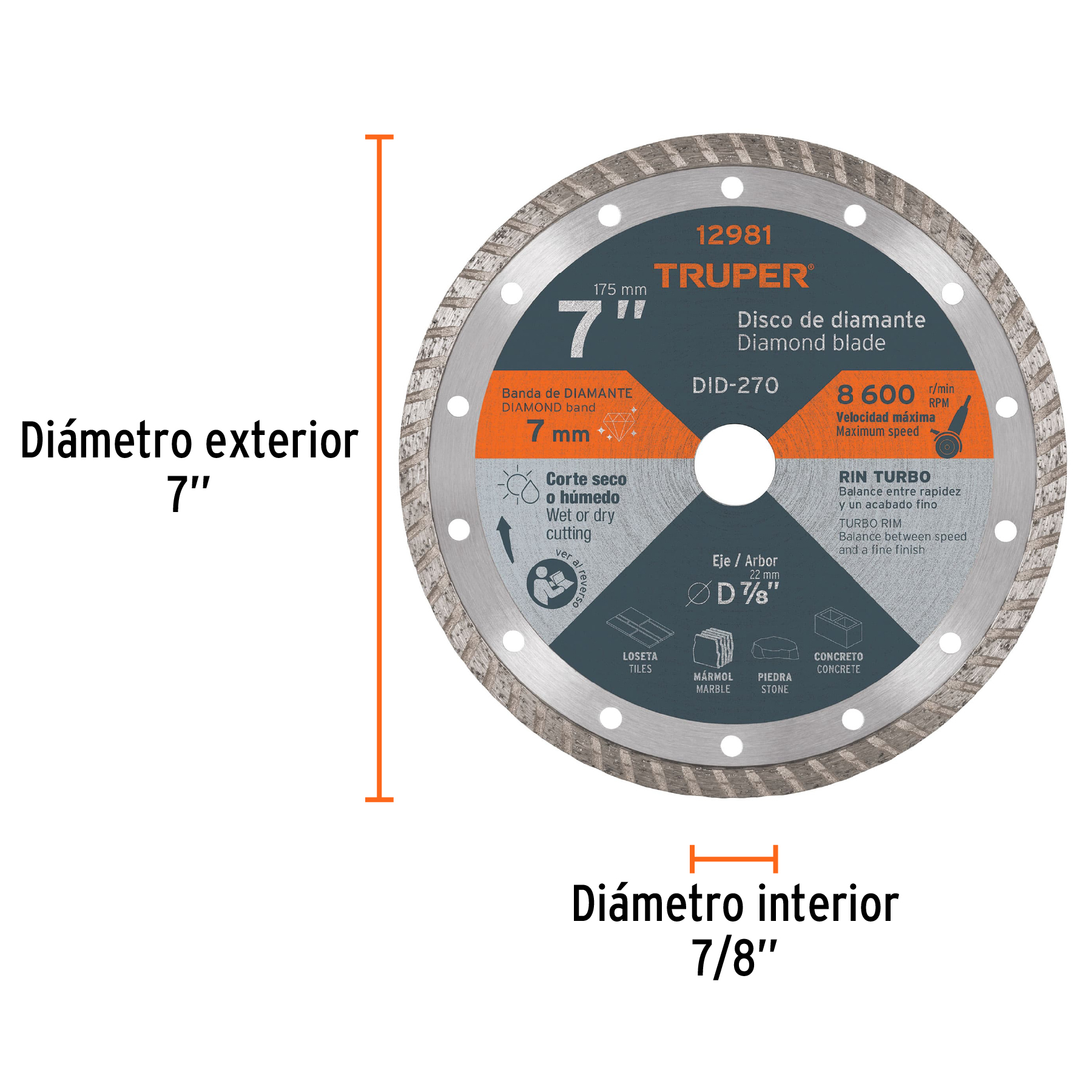 Disco de diamante de 7" x 2.8 mm, rin turbo, TRUPER TRUPER