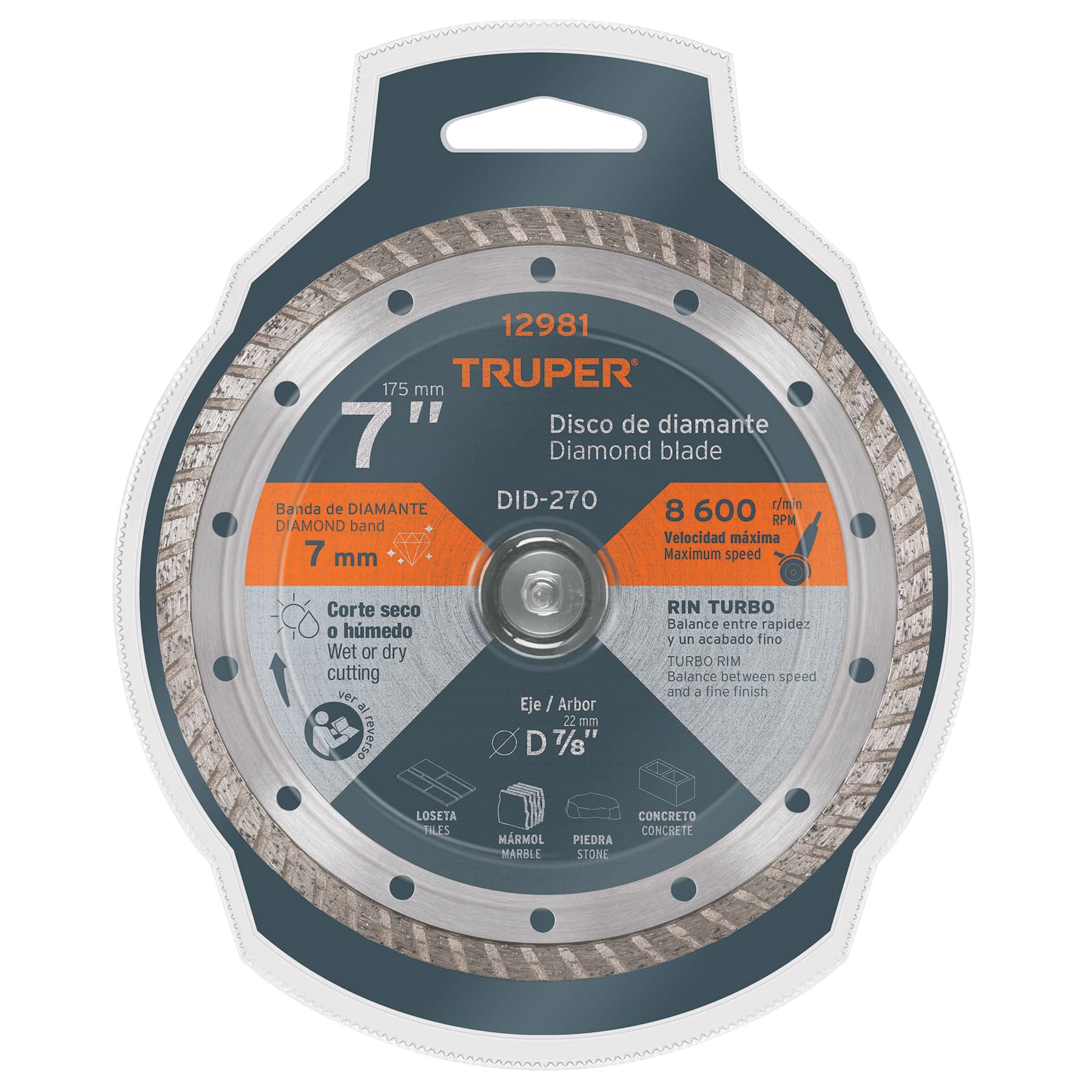Disco de diamante de 7" x 2.8 mm, rin turbo, TRUPER TRUPER