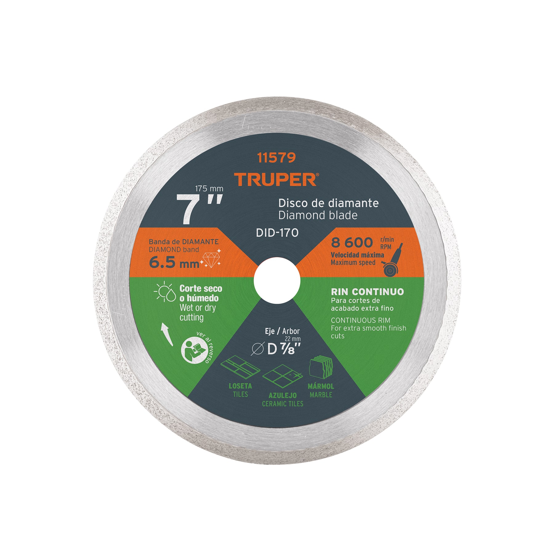Disco de diamante de 7" x 2.2 mm, rin continuo, TRUPER TRUPER