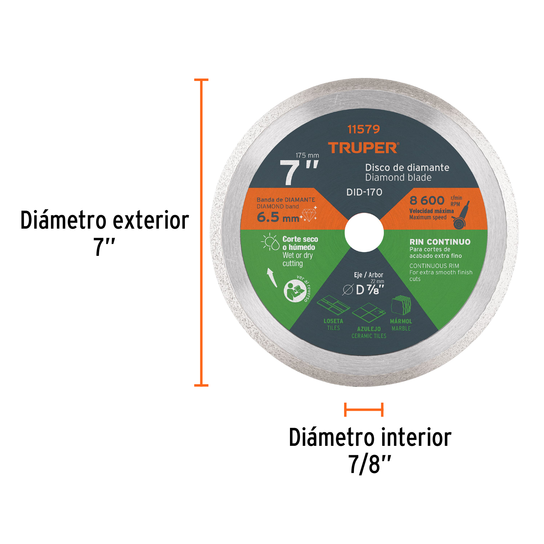 Disco de diamante de 7" x 2.2 mm, rin continuo, TRUPER TRUPER