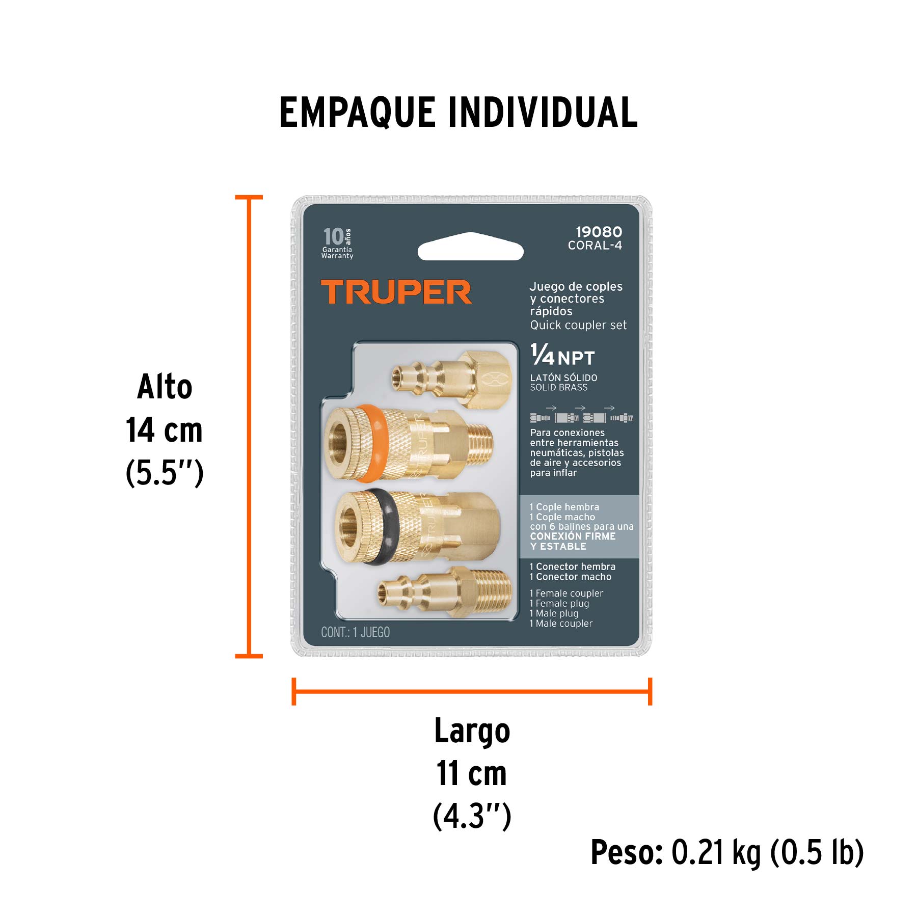 Juego de 2 conectores rápidos y 2 coples, de latón, TRUPER TRUPER