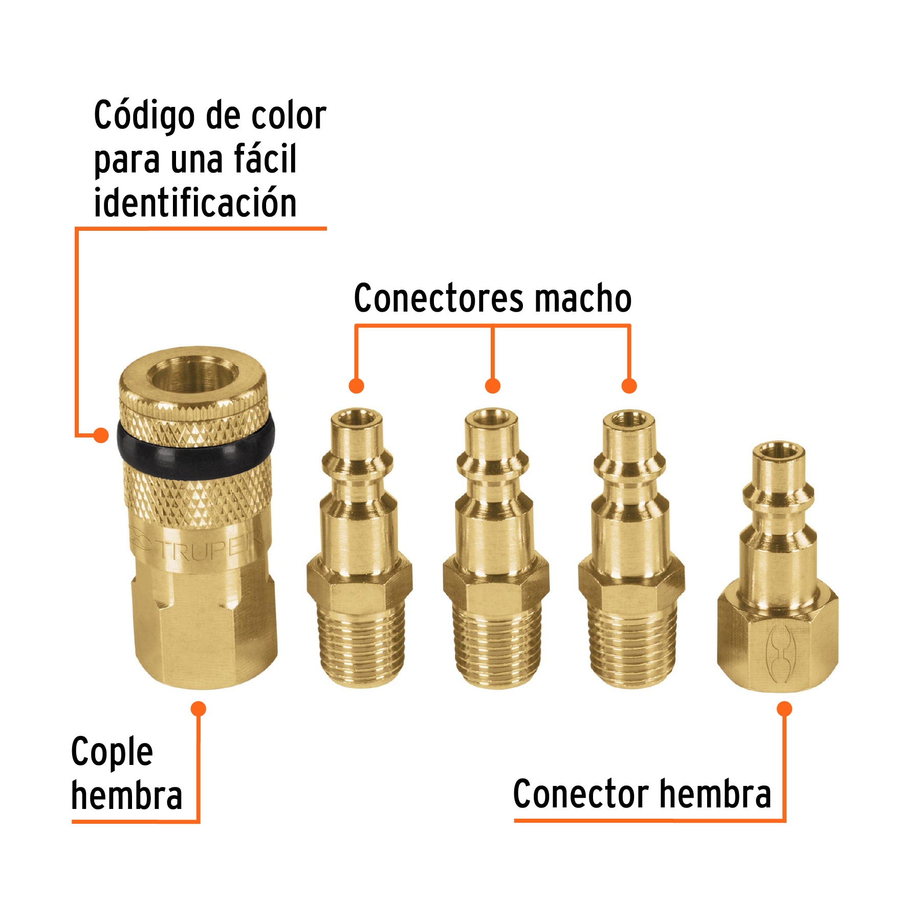 Juego de 4 conectores rápidos y 1 cople, de latón, TRUPER TRUPER