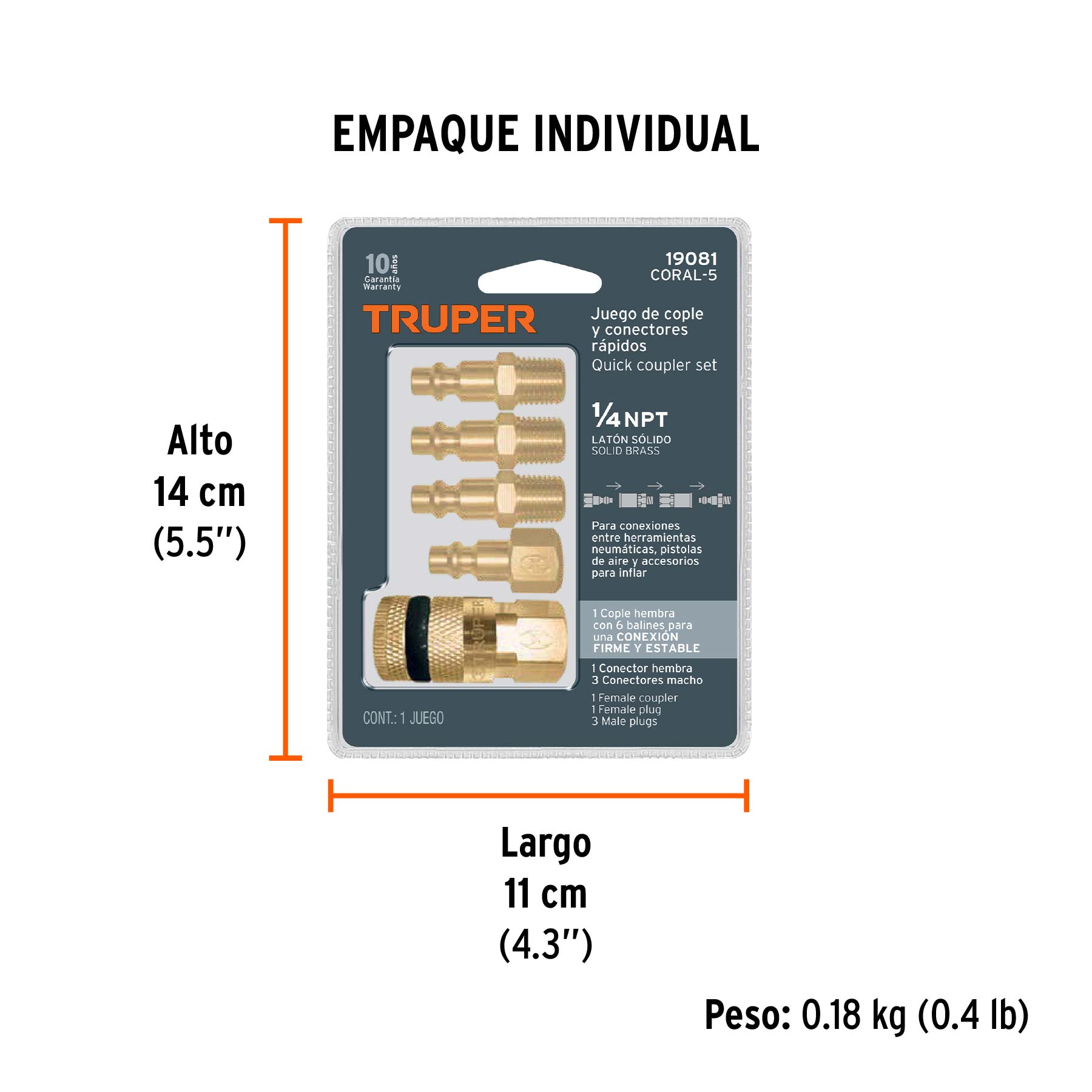 Juego de 4 conectores rápidos y 1 cople, de latón, TRUPER TRUPER