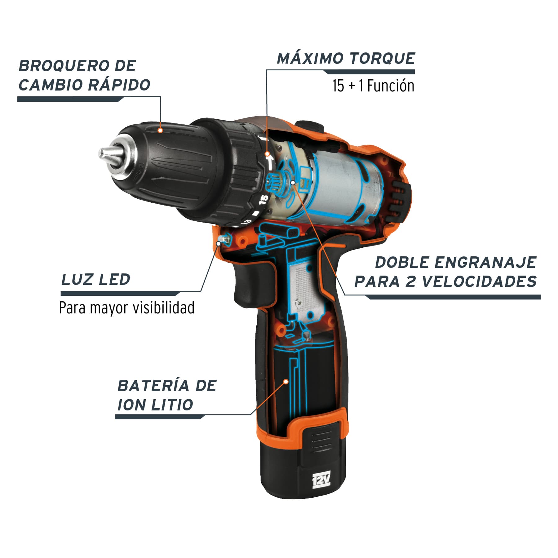 Taladro/destornillador compacto 3/8", 12V, 1 bat 2Ah, PRO TRUPER