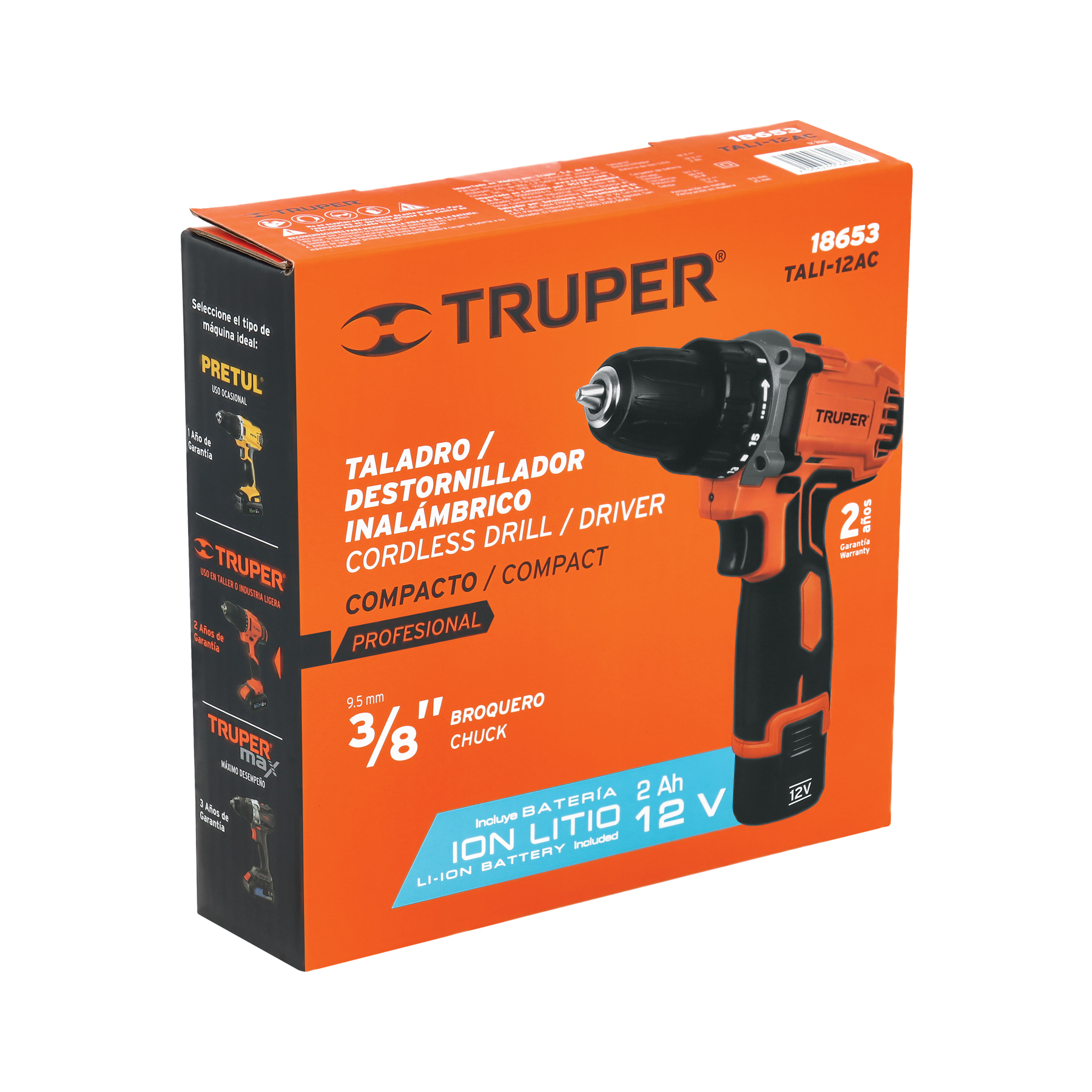 Taladro/destornillador compacto 3/8", 12V, 1 bat 2Ah, PRO TRUPER