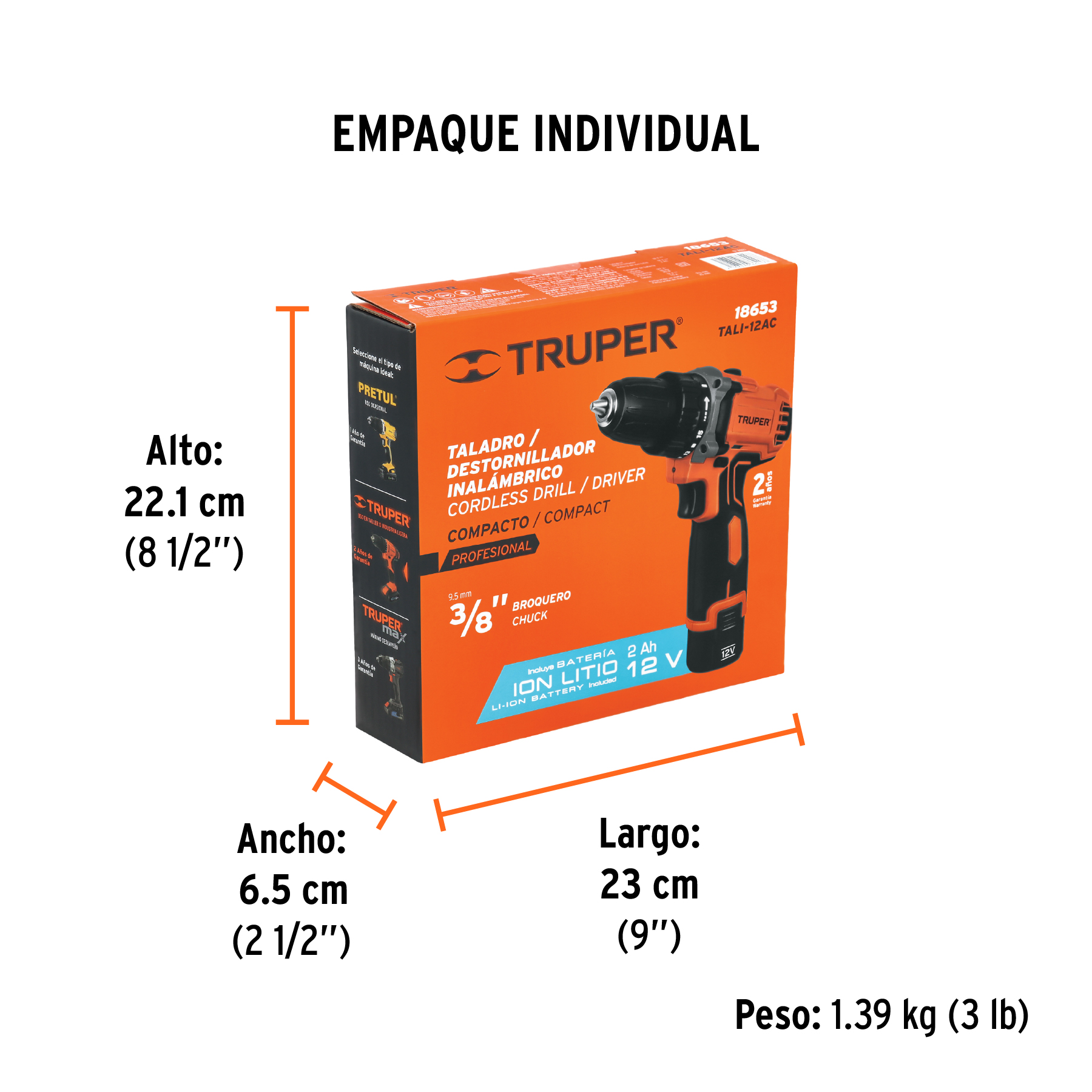 Taladro/destornillador compacto 3/8", 12V, 1 bat 2Ah, PRO TRUPER