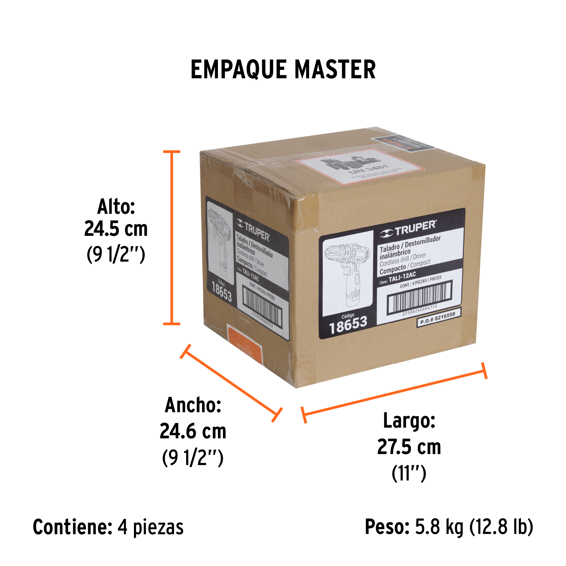 Taladro/destornillador compacto 3/8", 12V, 1 bat 2Ah, PRO TRUPER