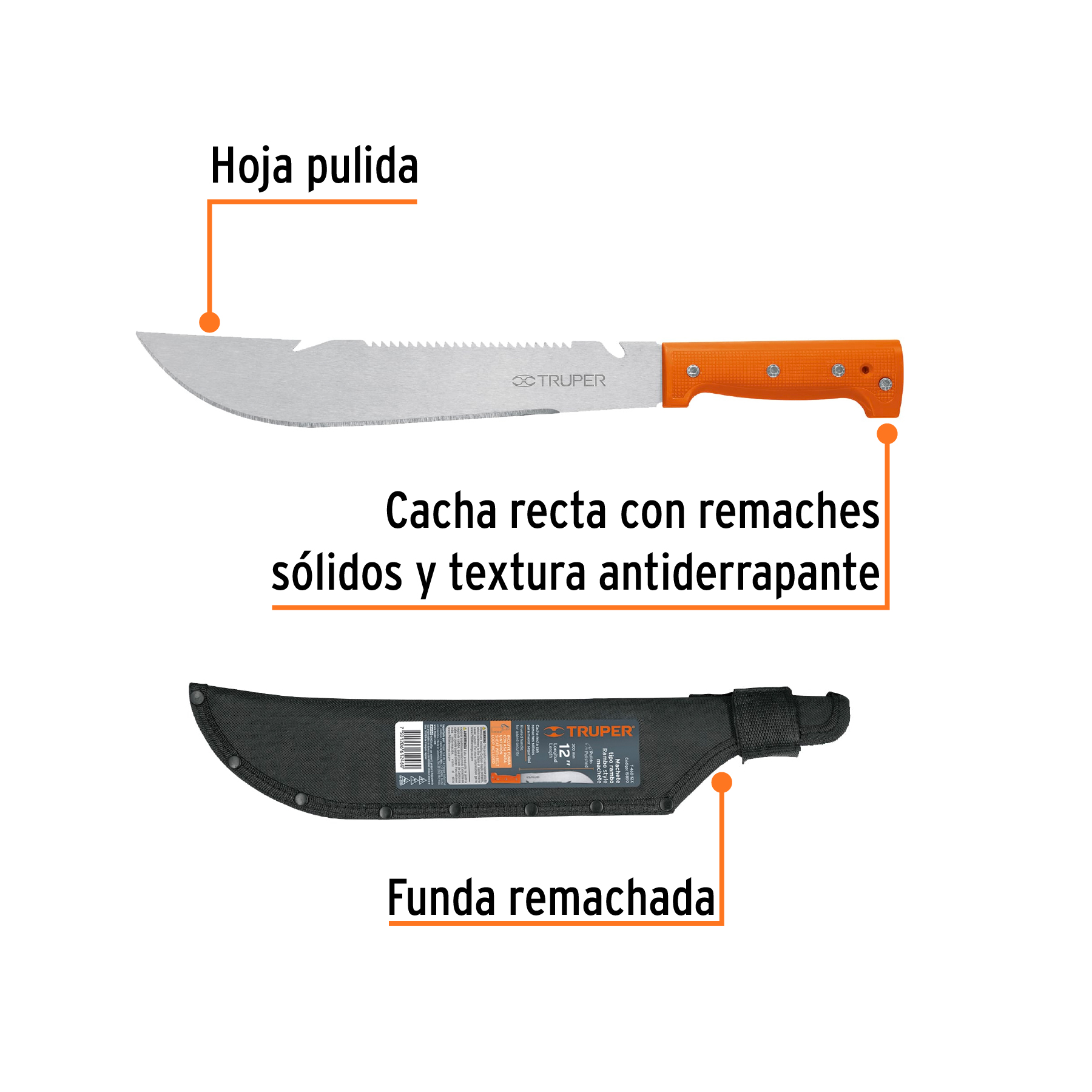 Machete rambo 12",cacha remachada naranja, con funda, TRUPER TRUPER