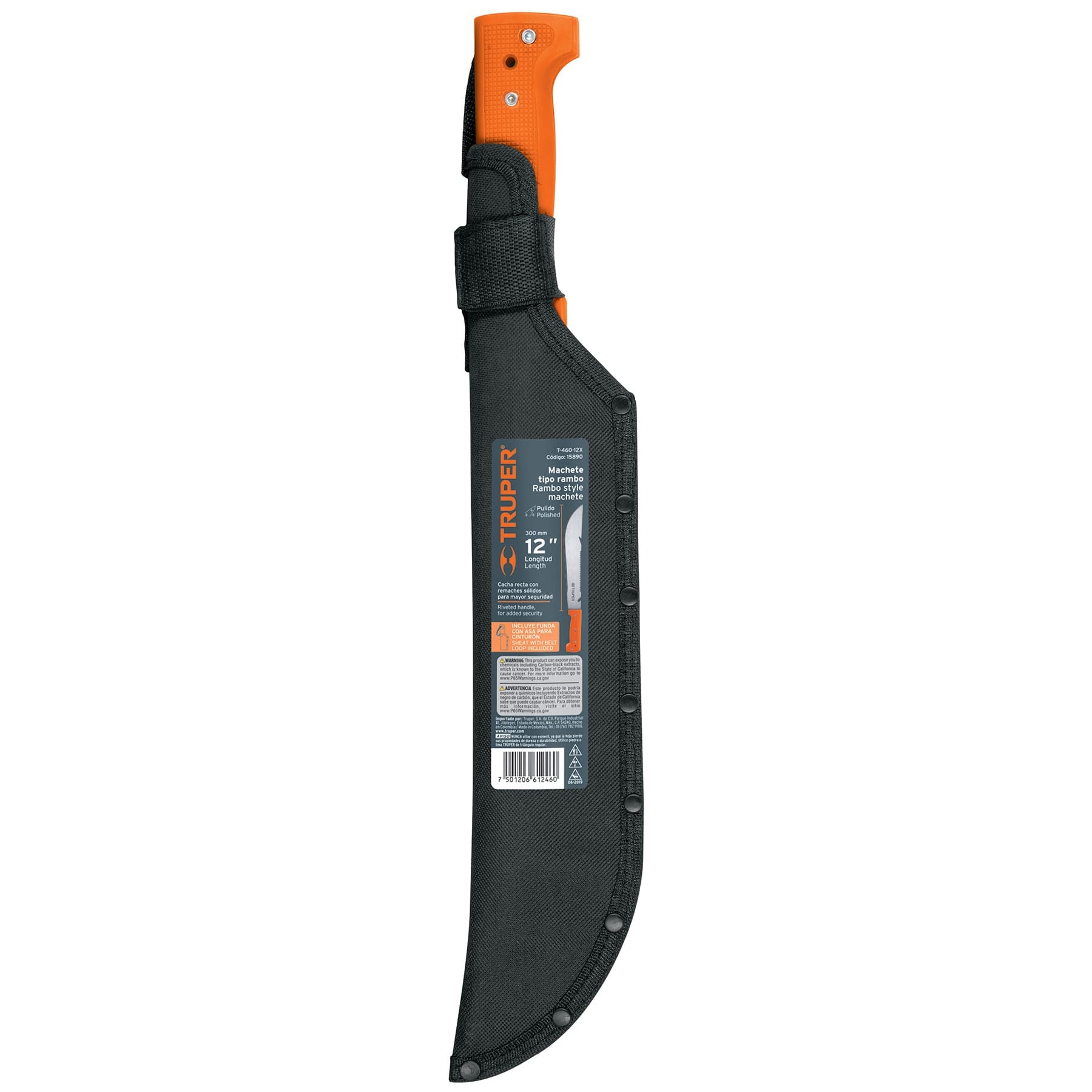 Machete rambo 12",cacha remachada naranja, con funda, TRUPER TRUPER