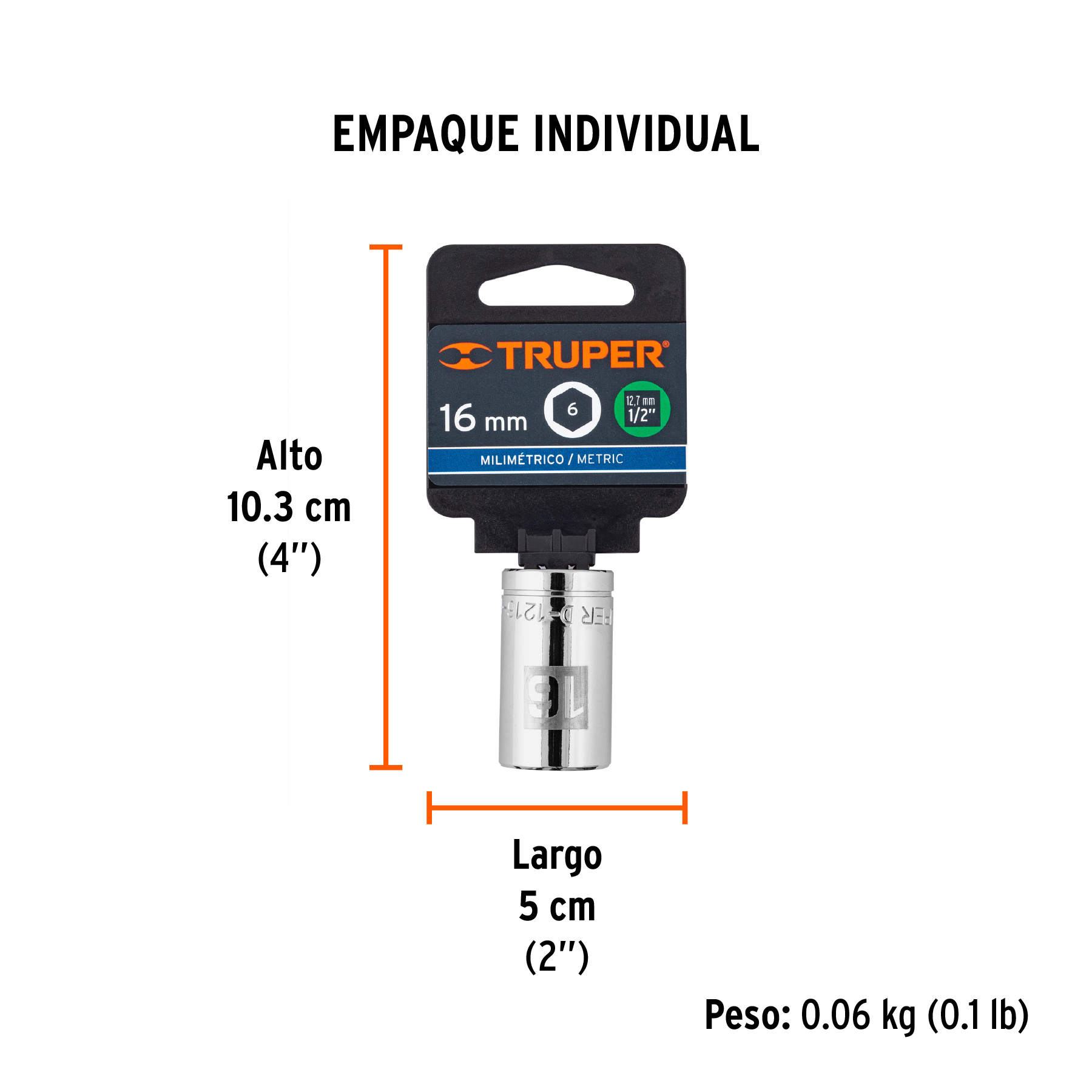 Dado de 16 mm, 6 puntas, cuadro 1/2", TRUPER TRUPER