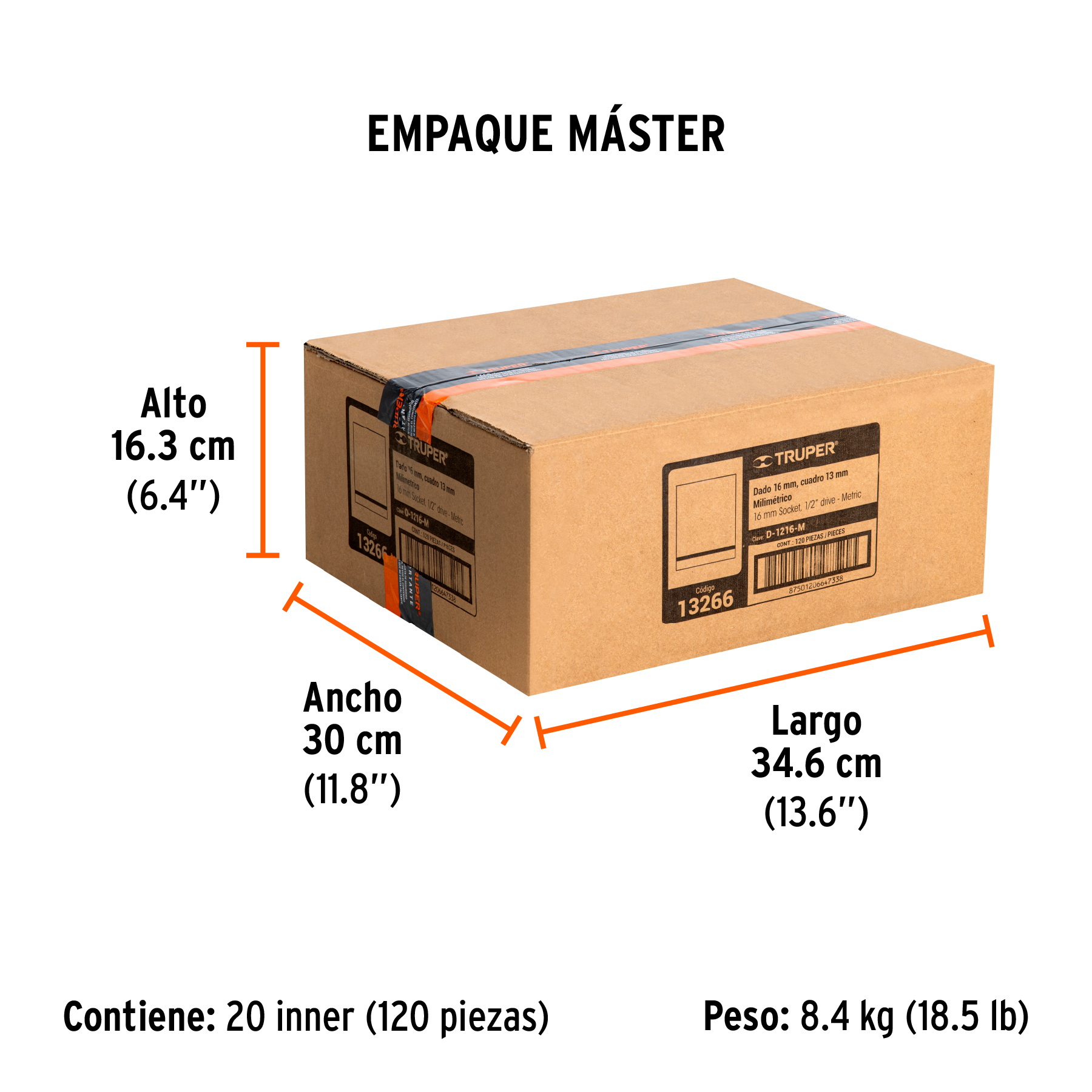 Dado de 16 mm, 6 puntas, cuadro 1/2", TRUPER TRUPER