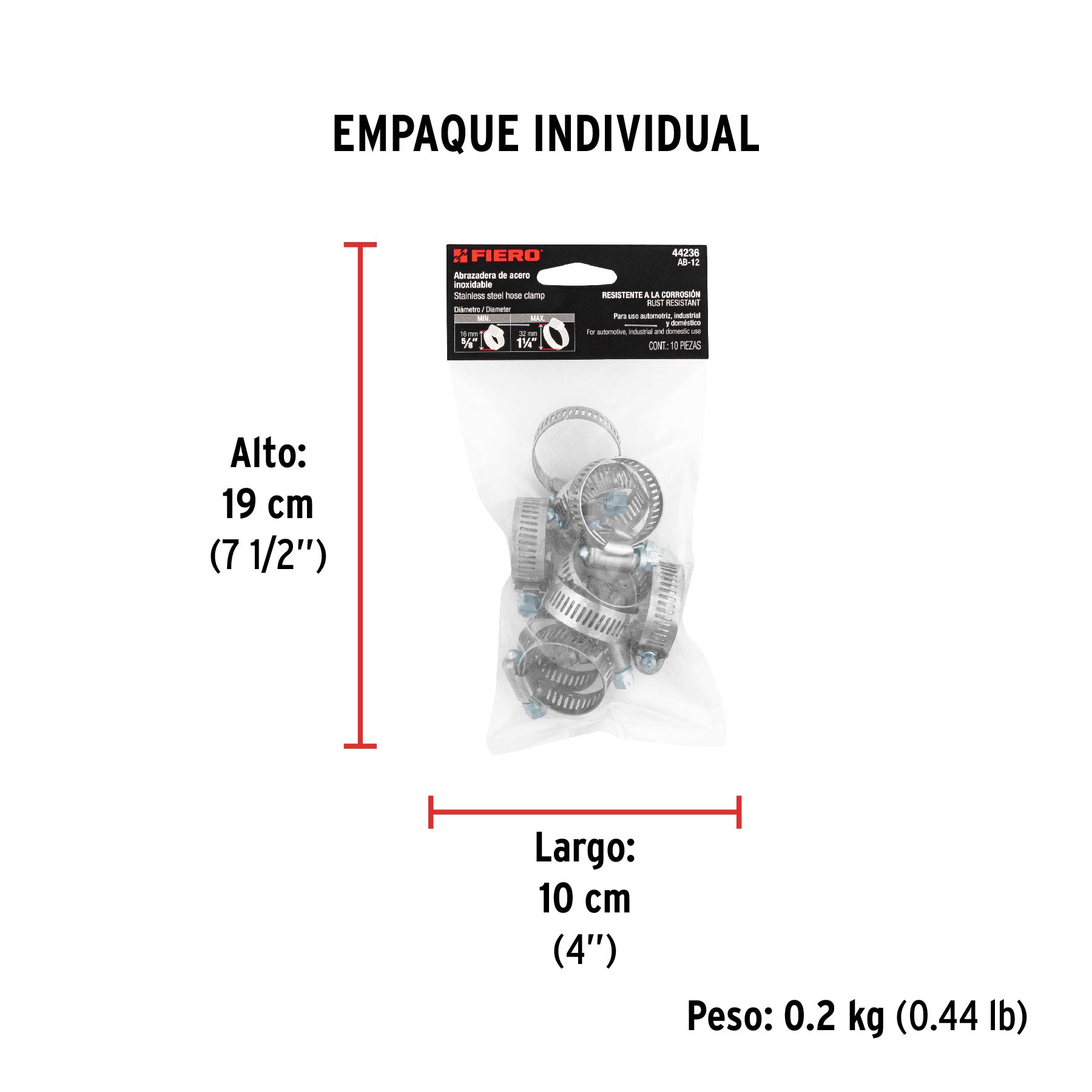 Bolsa con 10 abrazaderas sin fin #12, 5/8 - 1-1/4", FIERO TRUPER