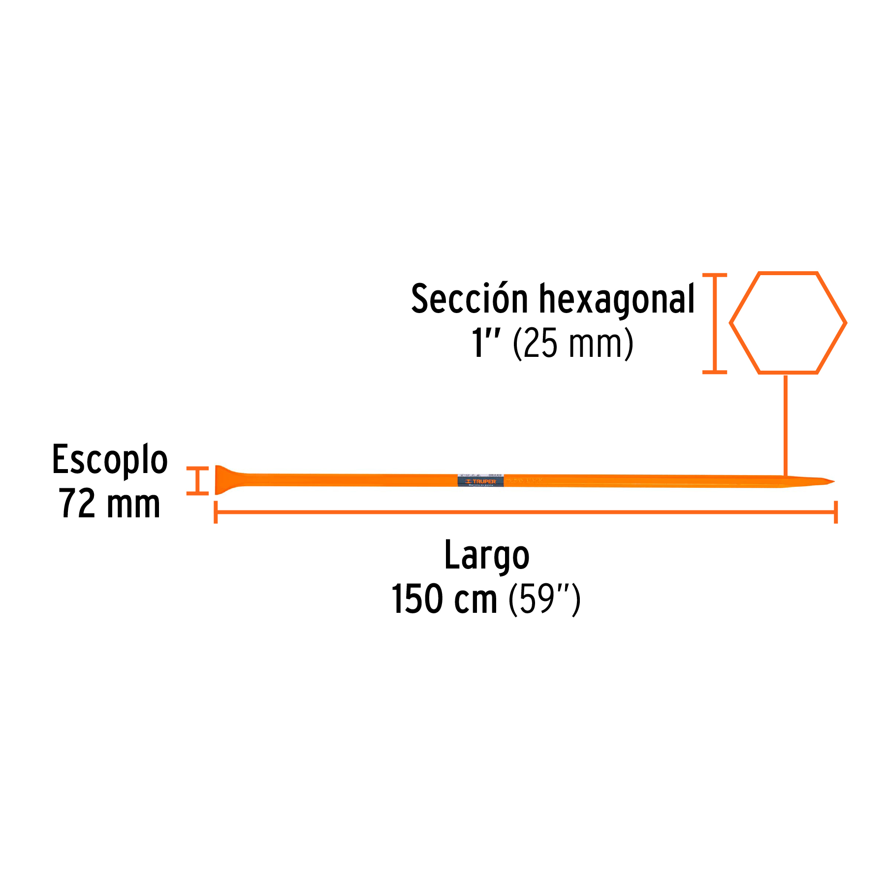 Barreta de punta de 1"x150 cm, escoplo 72 mm, TRUPER TRUPER